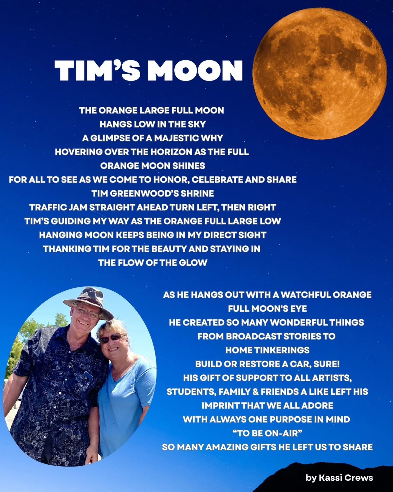 An amazing creator and dear friend TIM GREENWOOD transitioned in 2023. On the way to his celebration, this poem emerged. Now it is published for more to experience the kindness, the care and the love this man shared. You are dearly missed my friend!!