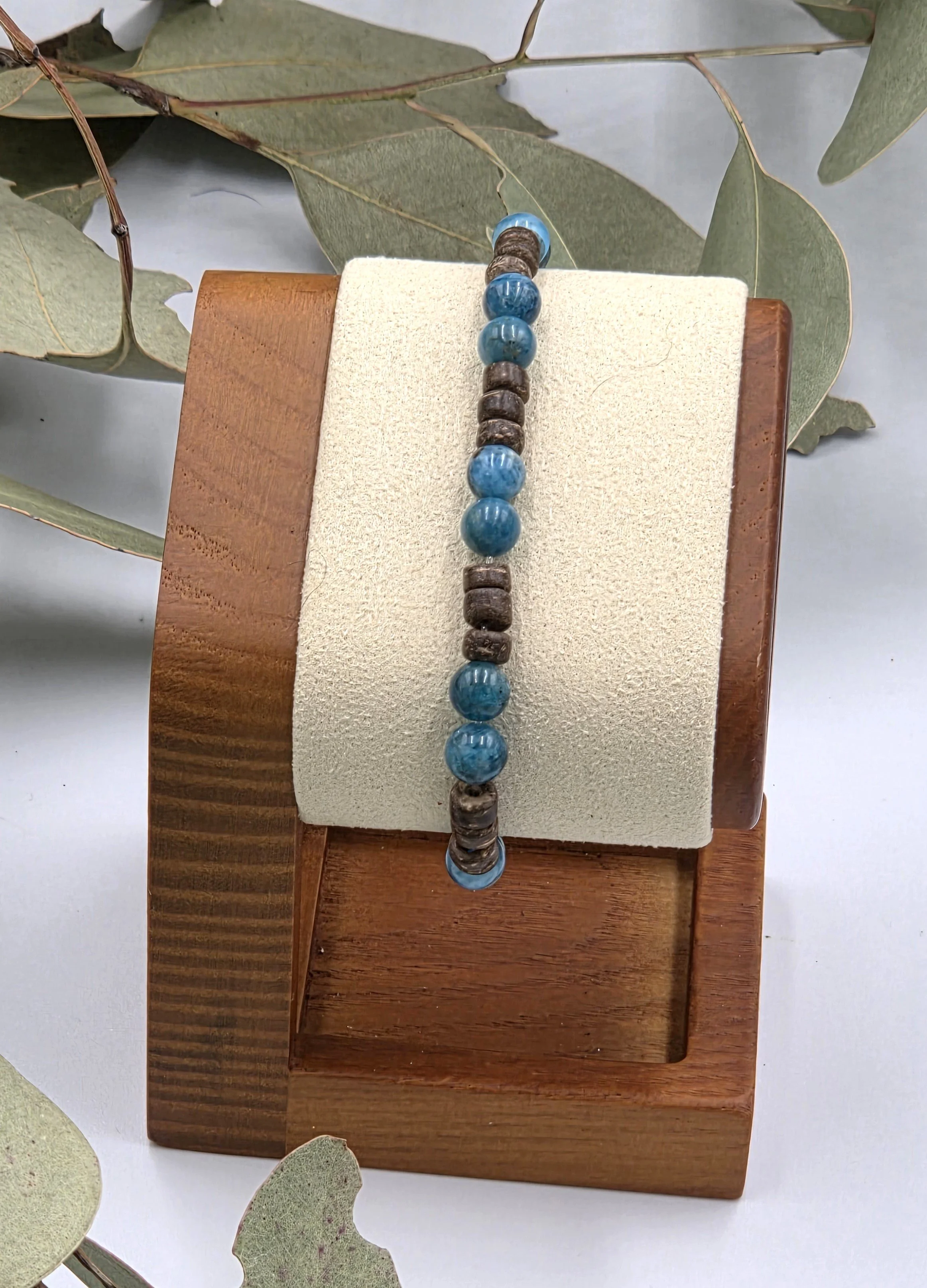 OOAK blue apatite and small brown coconut disc elastic bracelet.