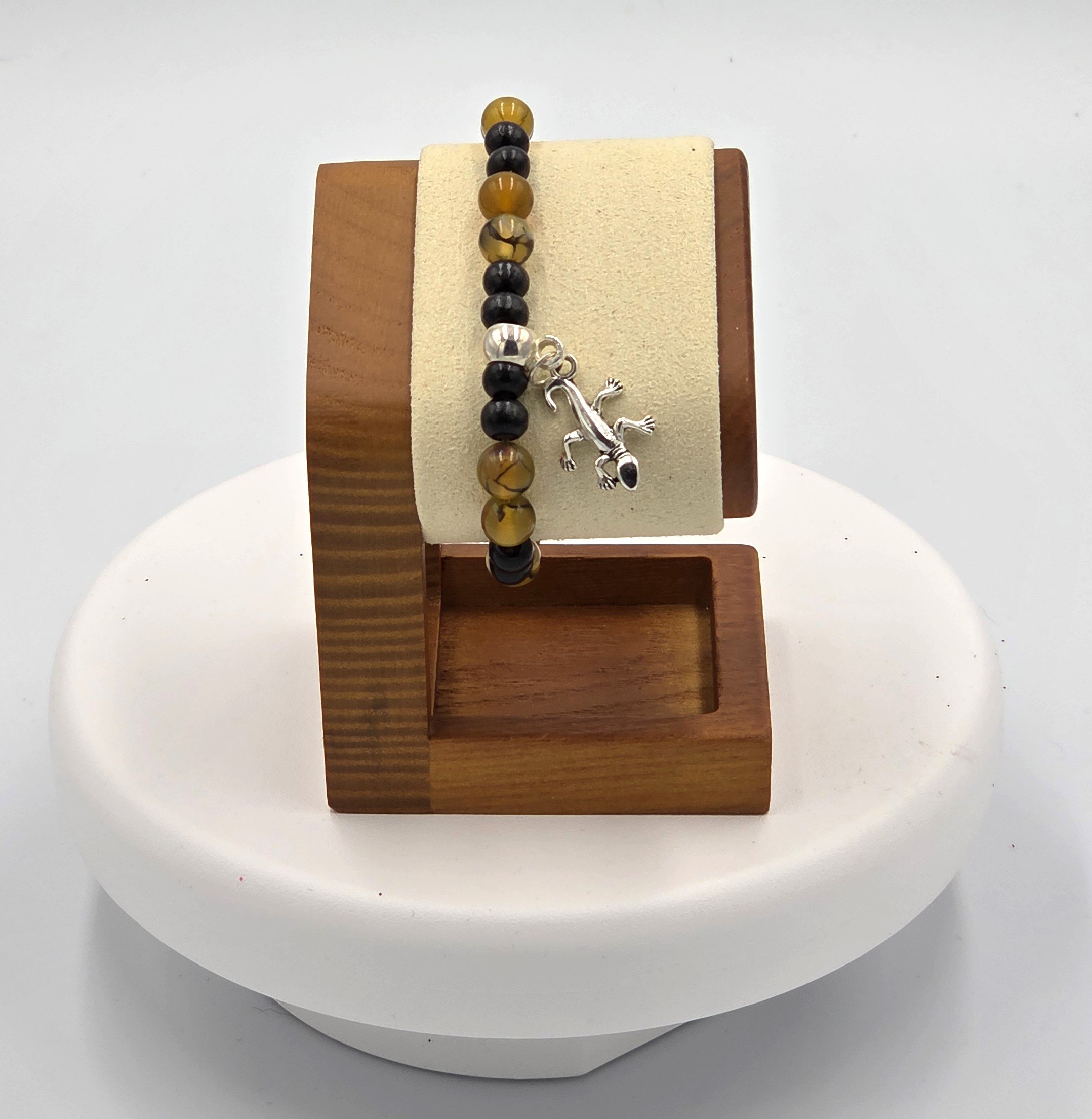 OOAK golden dragon vein agate and black wood bracelet with silver gecko charm.