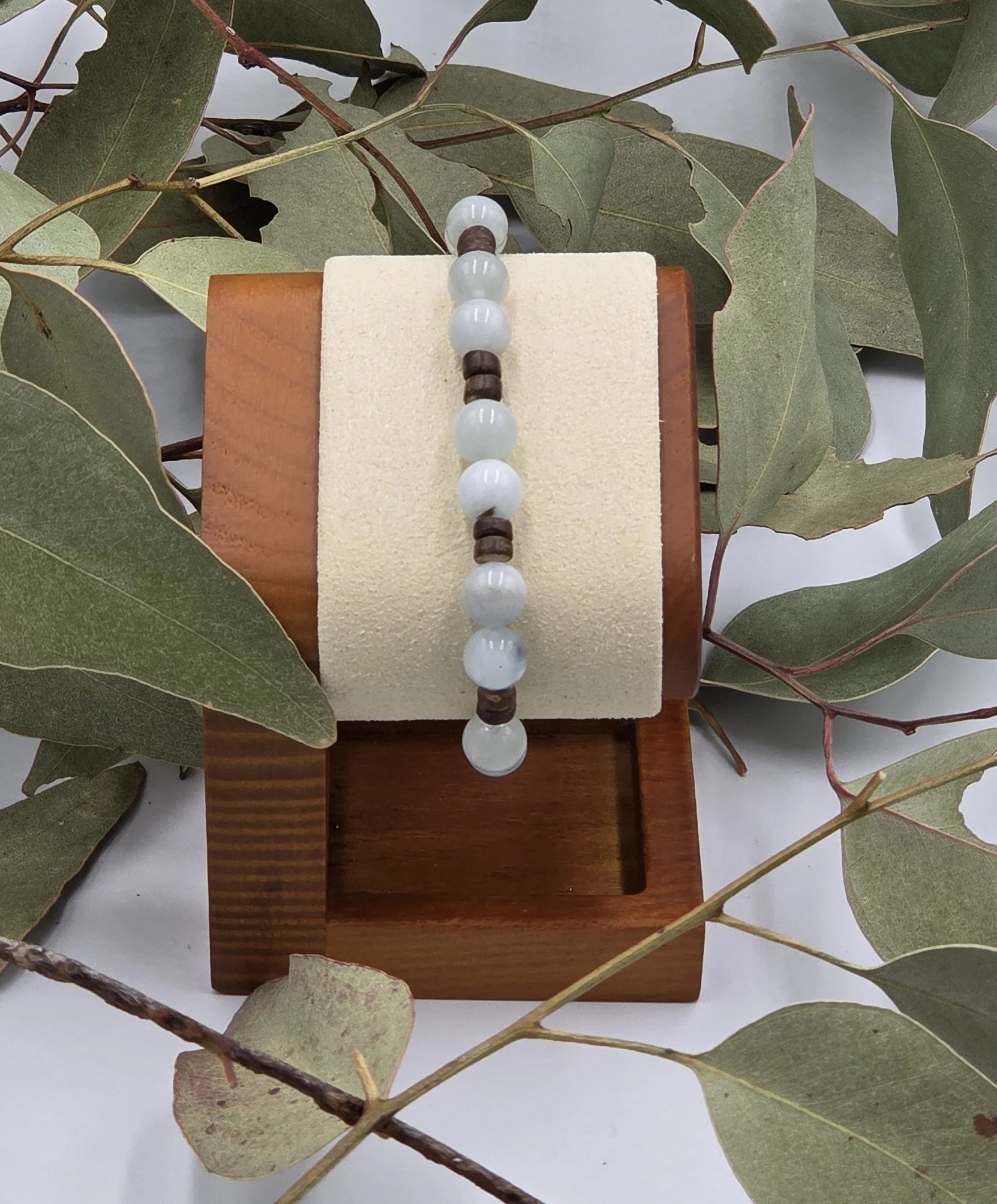 OOAK premium aquamarine and fine coconut disc alternating elastic bracelet.