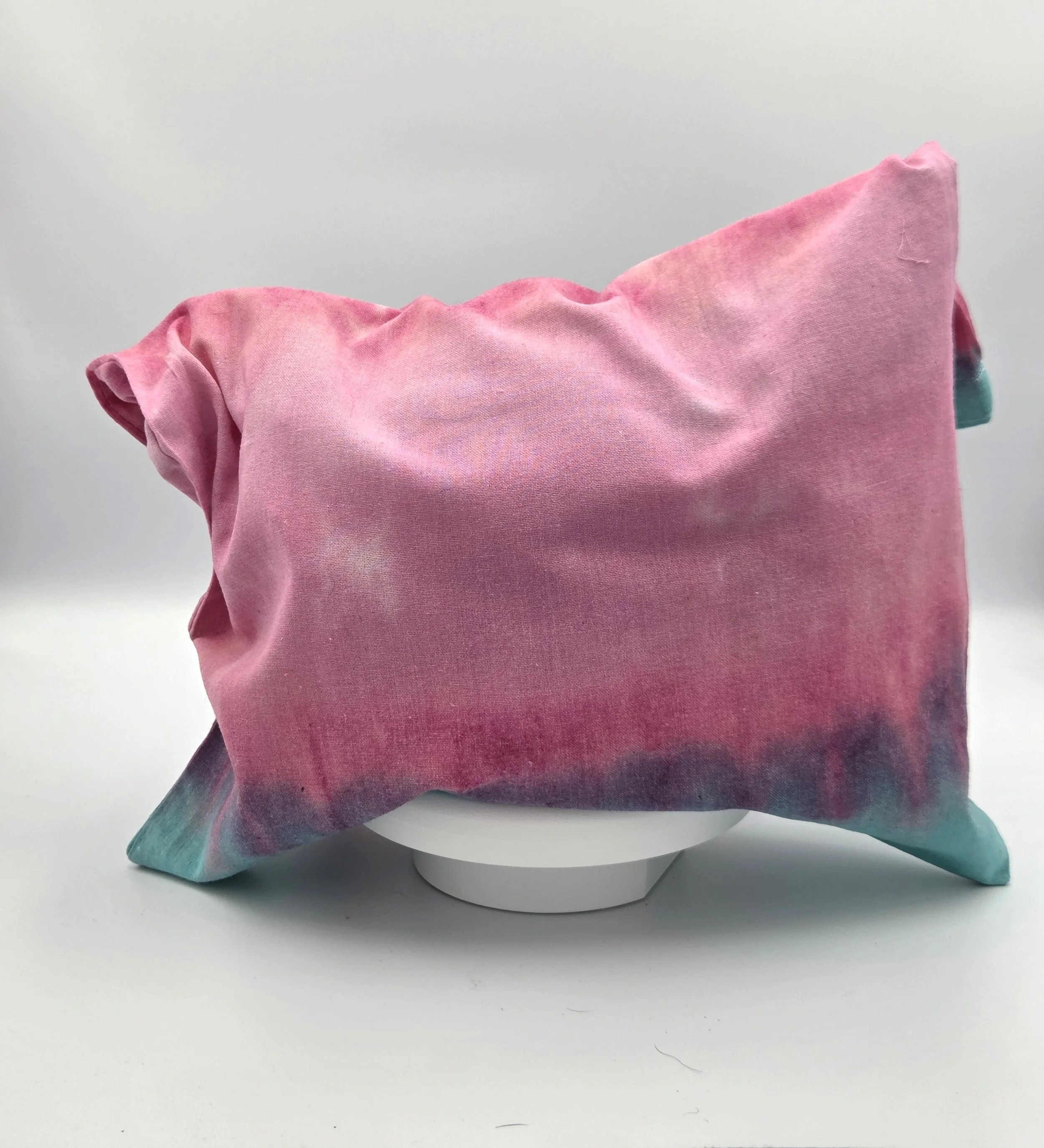 OOAK textile art tote bag with horizontal layers of soft green, dusky pink, and light pink. Hand-dyed natural cotton bag by Livity Studio.