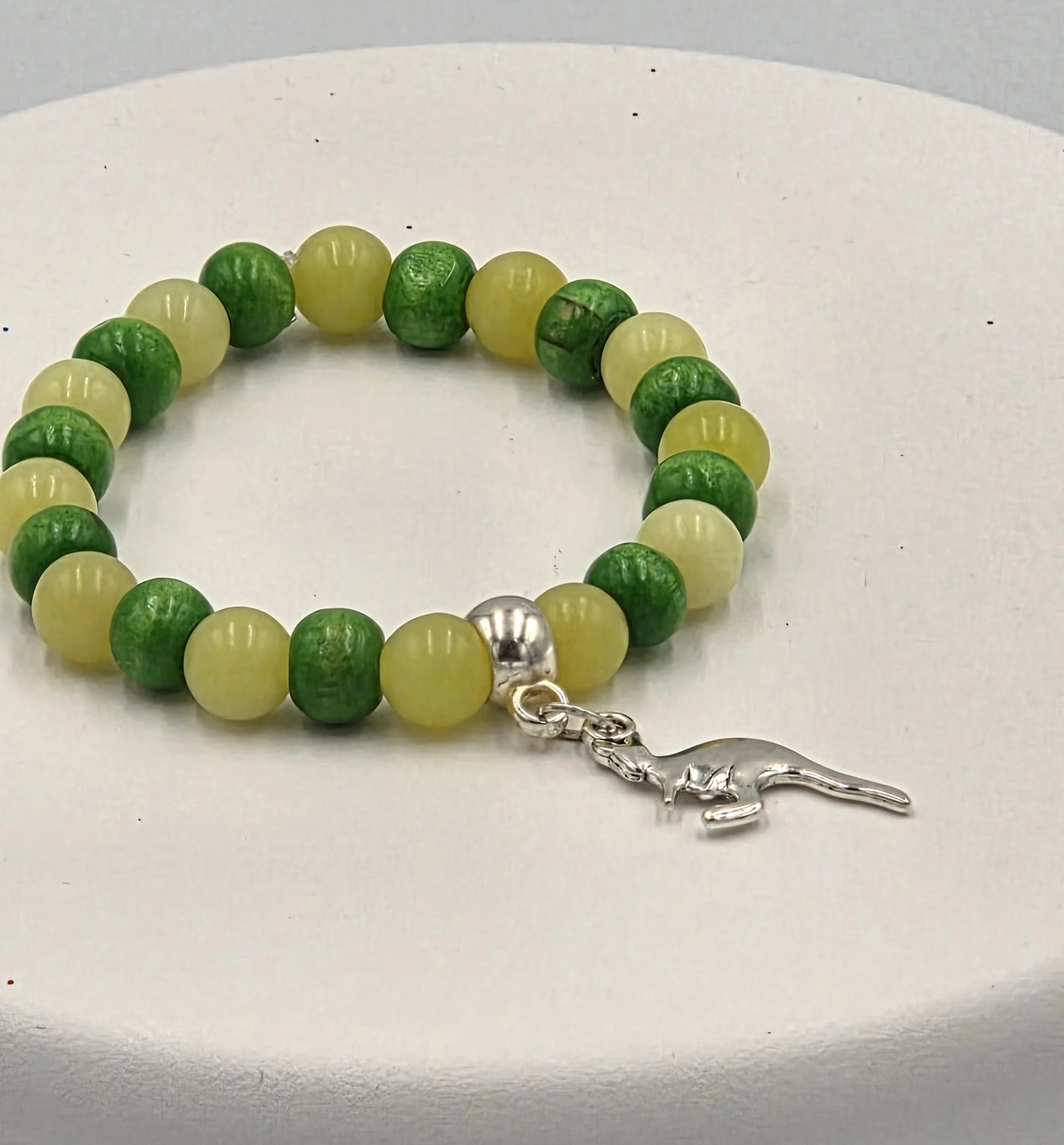 OOAK lemon agate and green wood bracelet with silver kangaroo charm.