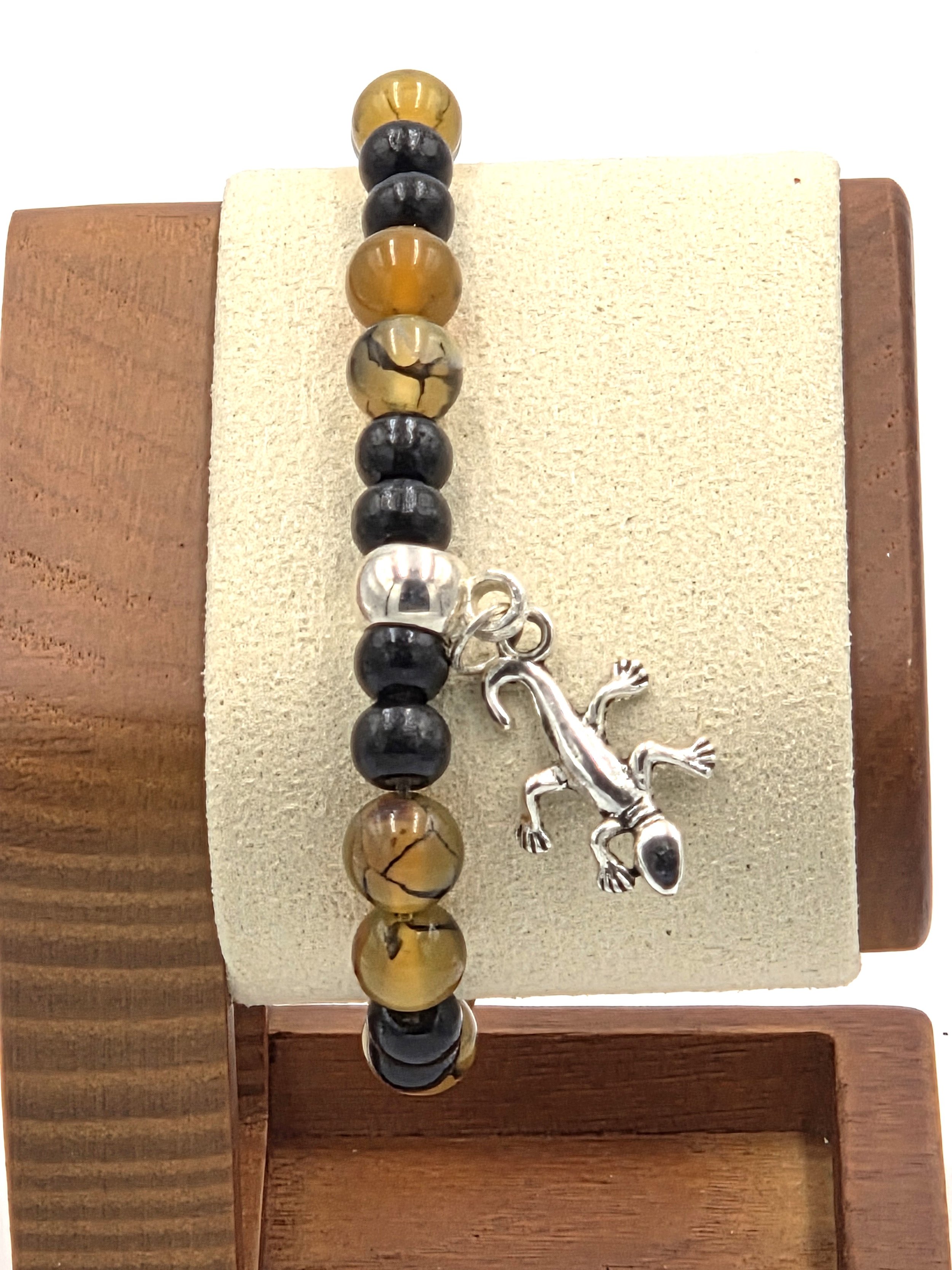 OOAK golden dragon vein agate and black wood bracelet with silver gecko charm.