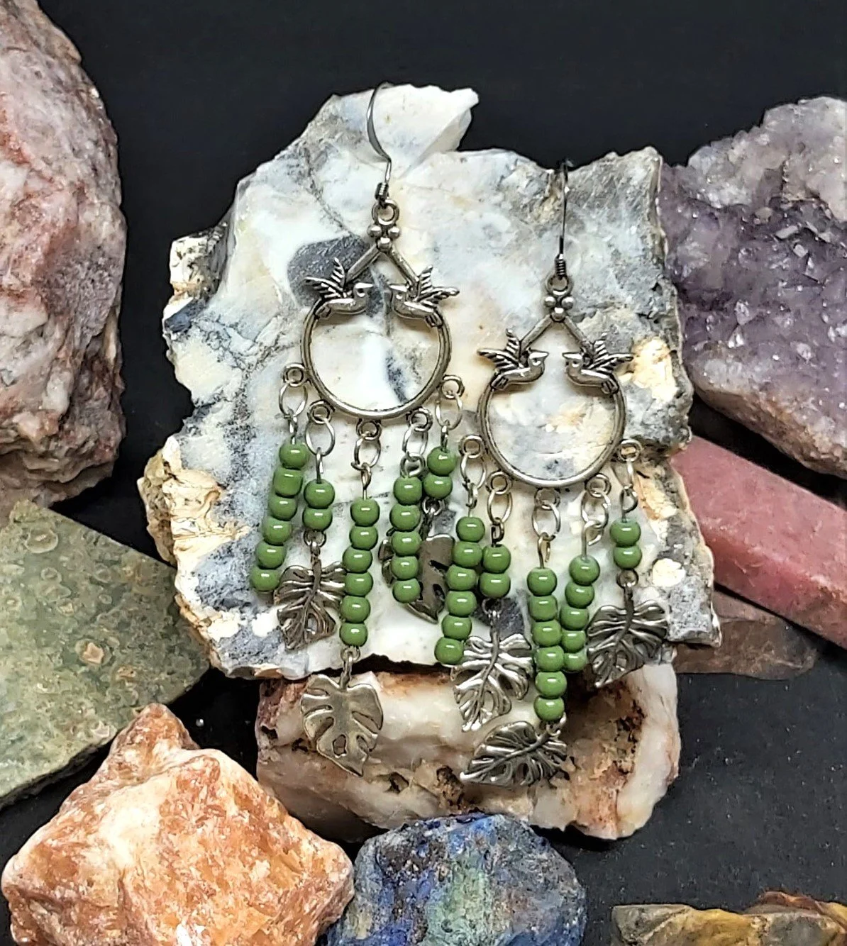 earrings Multidrop green glass & silver leaves & Bird hangers.jpg