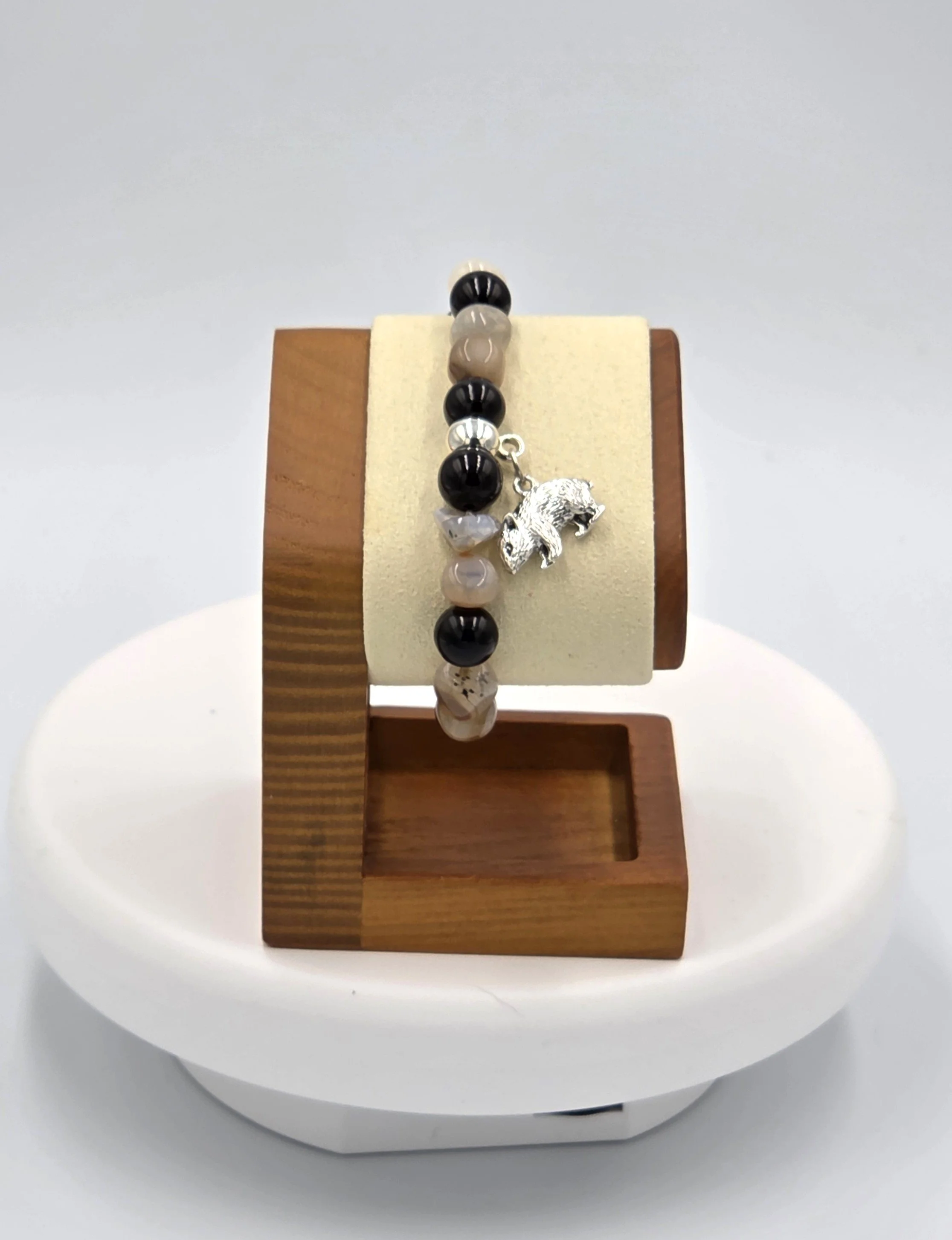 OOAK light brown agate and black glass bracelet with silver wombat charm.