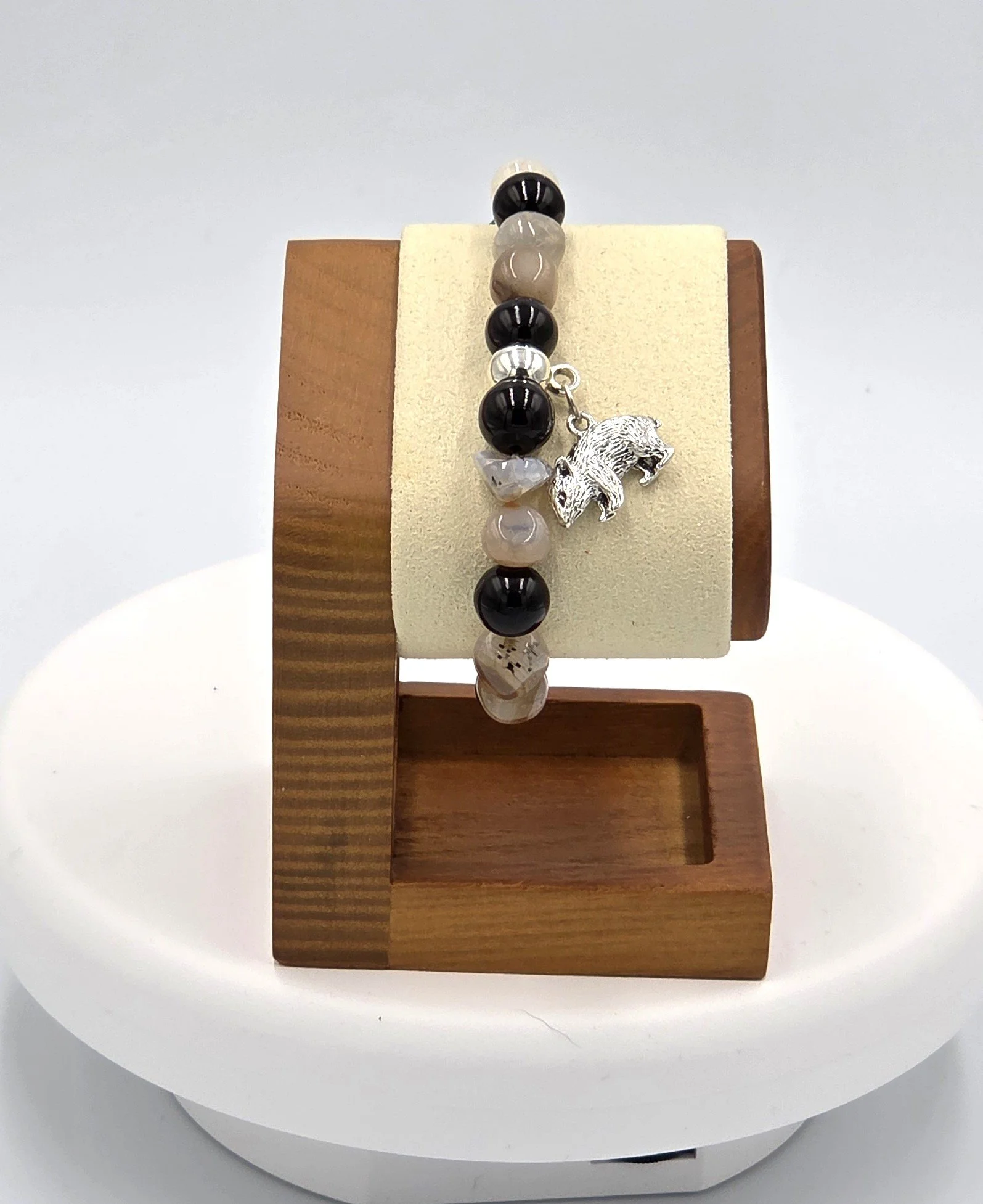 OOAK light brown agate and black glass bracelet with silver wombat charm.