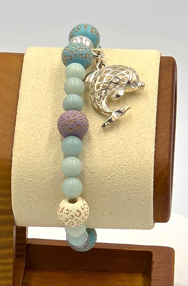 OOAK blue and mauve patterned wood and Amazonite elastic bracelet with a large silver dolphin.