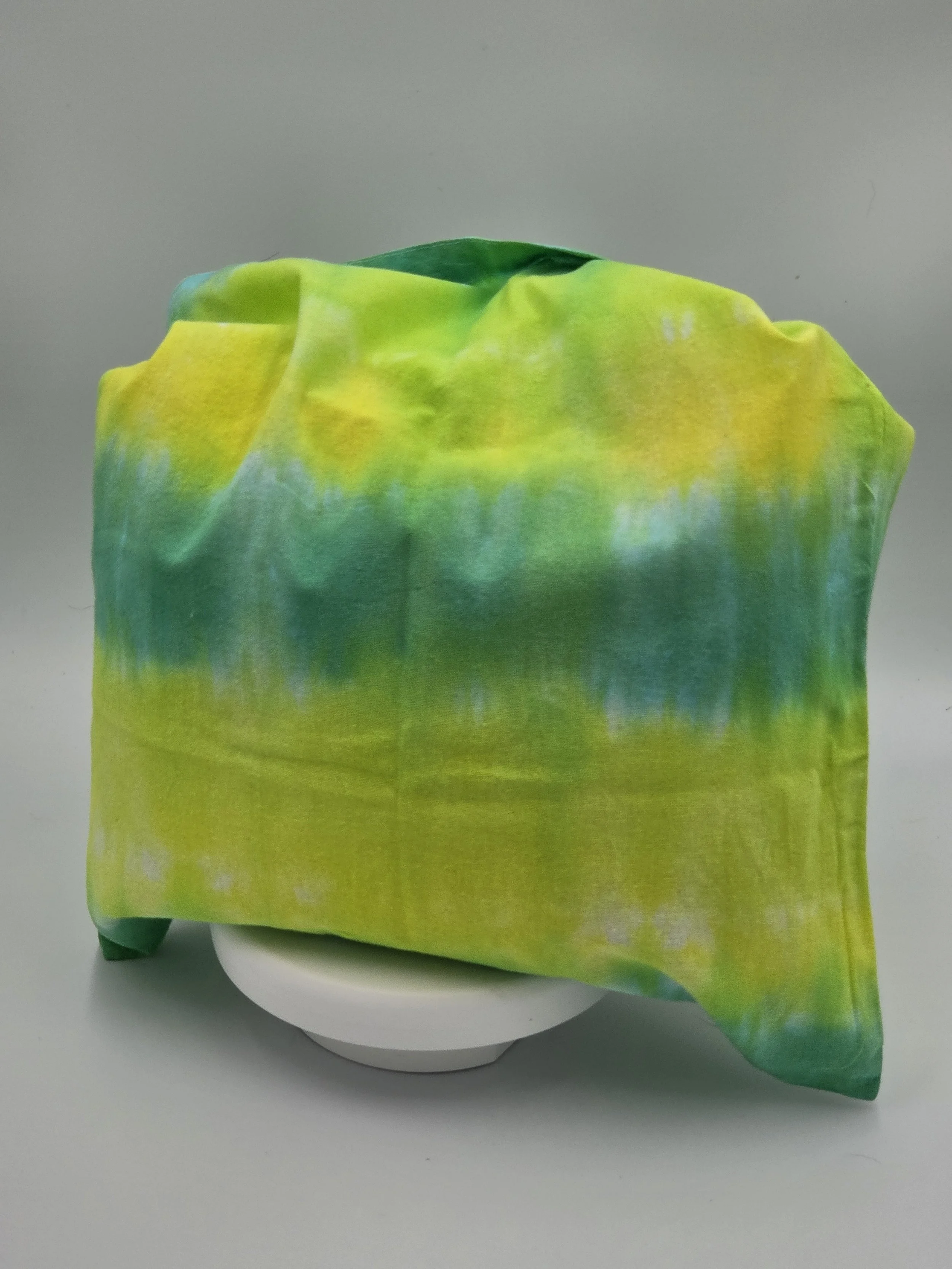 Hand-dyed cotton tote bag with horizontal lime, green, and yellow stripes. OOAK textile art handmade in Canberra by Livity Studio.