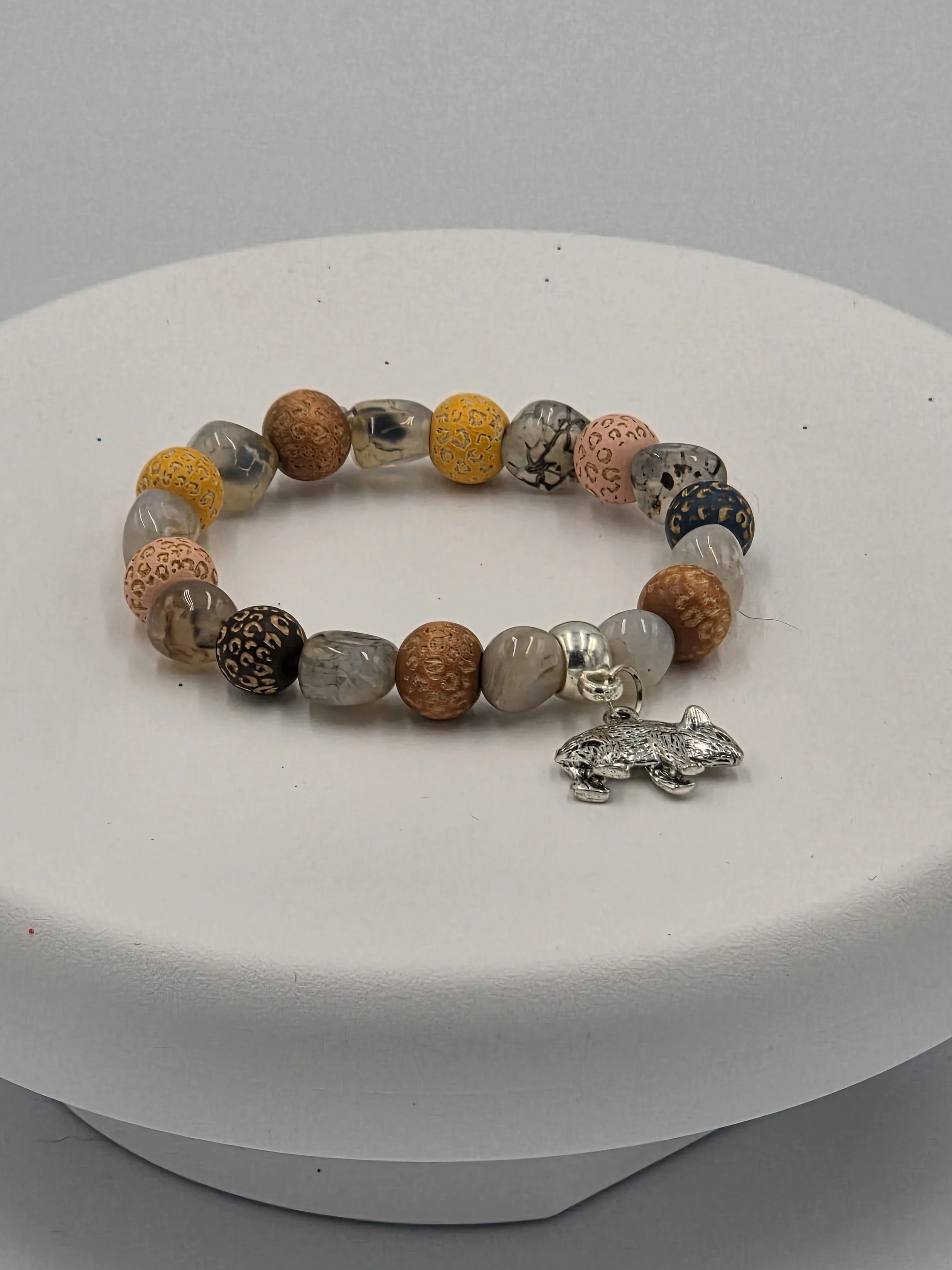 OOAK agate and leopard print wood bracelet with silver wombat charm.