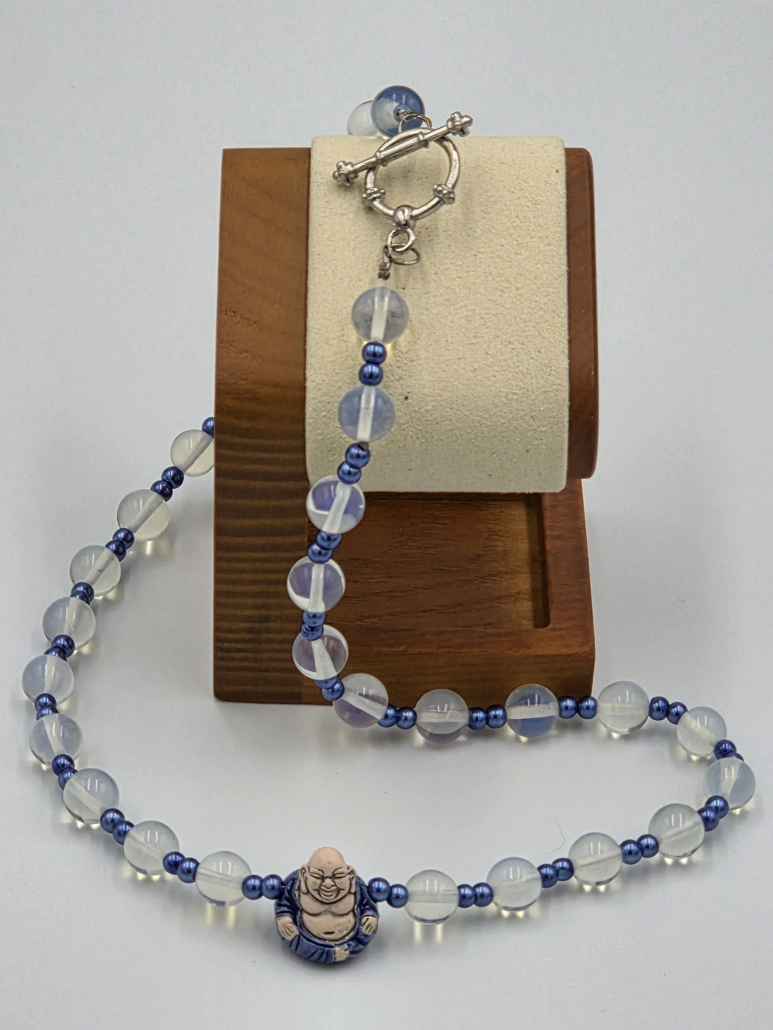 Moonstone and glass necklace with ceramic blue buddah