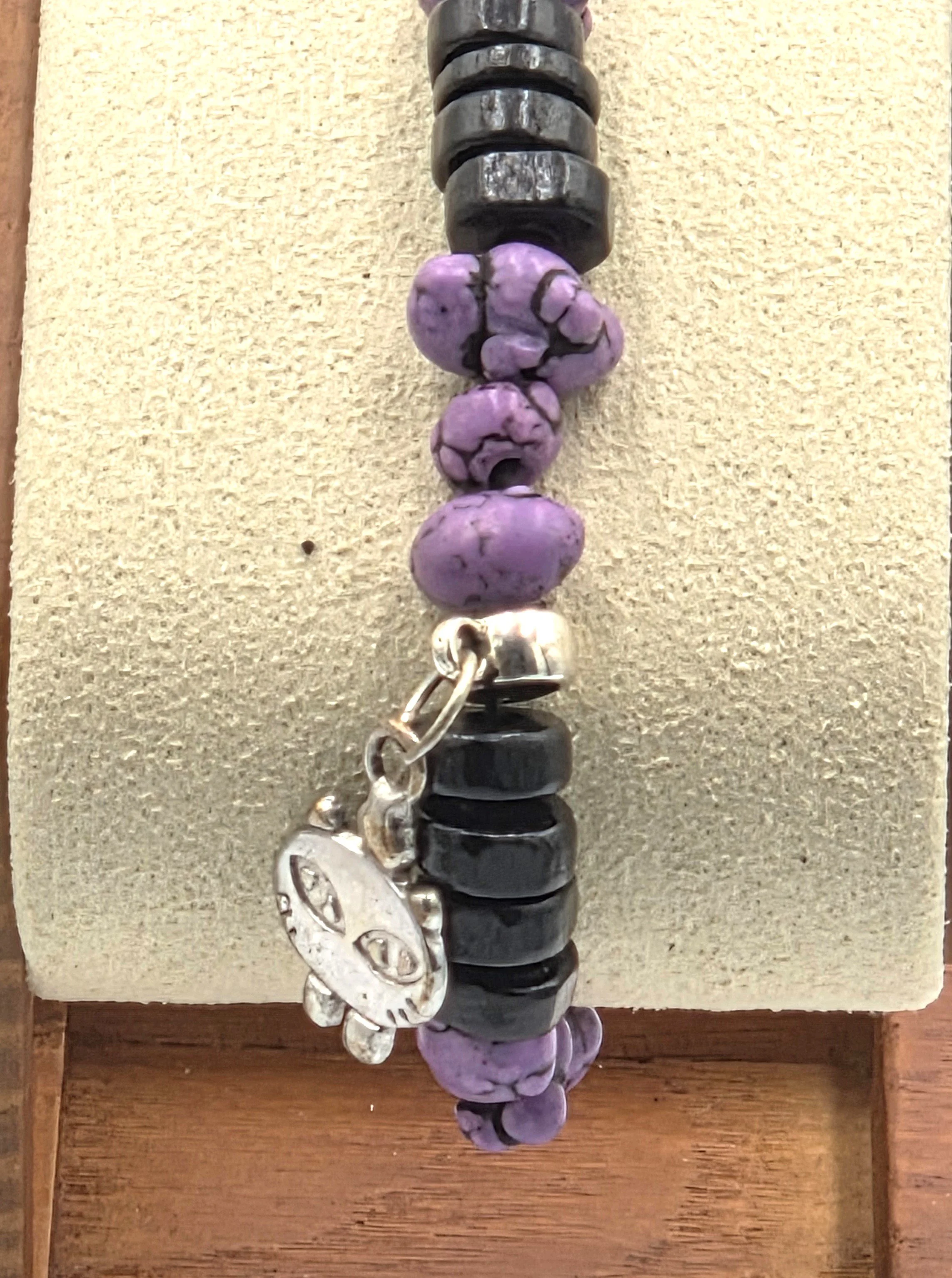 OOAK child size purple howlite and black wood disc bracelet with silver cat charm.
