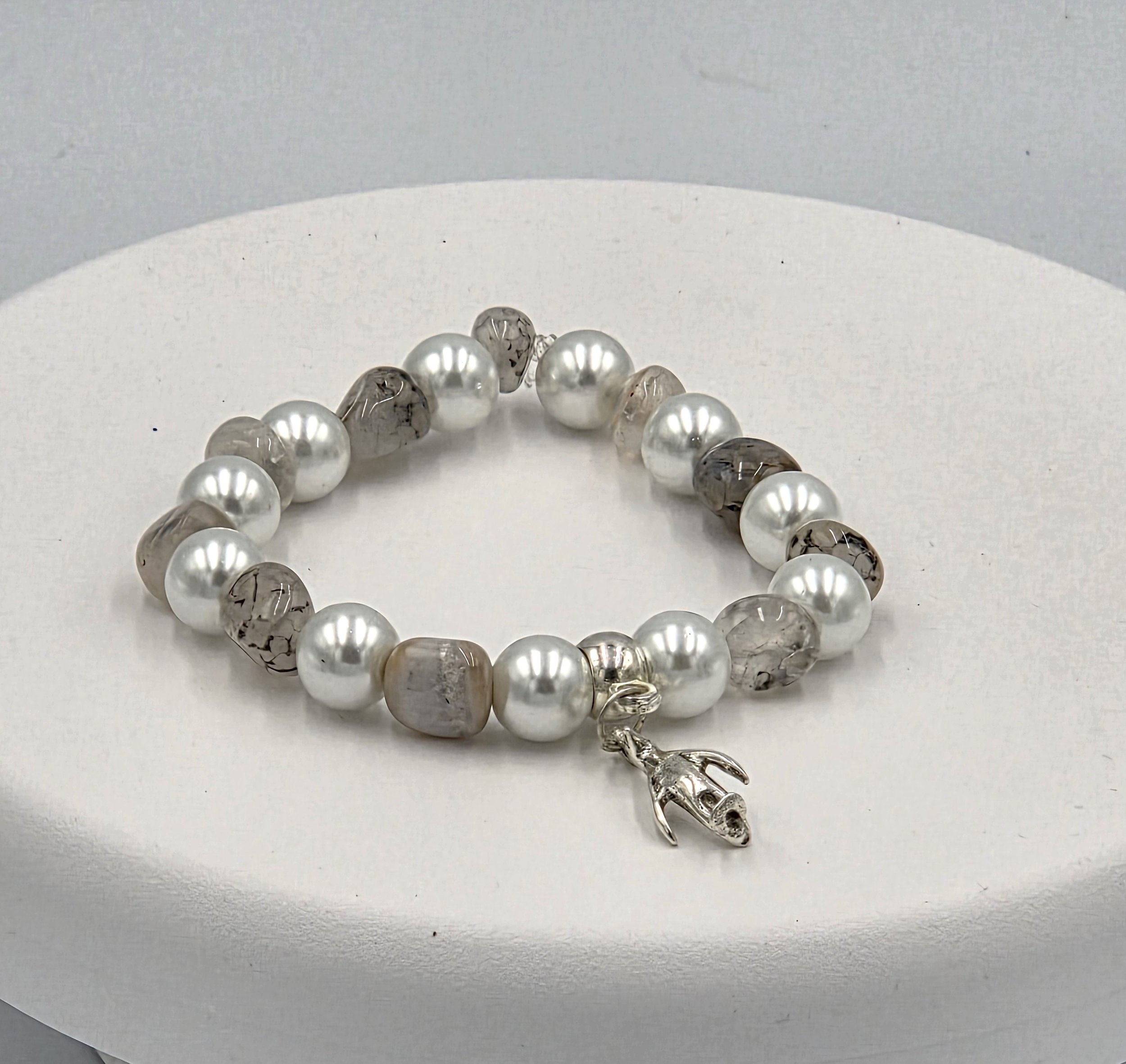 OOAK white pearl and translucent brown agate bracelet with silver penguin charm.