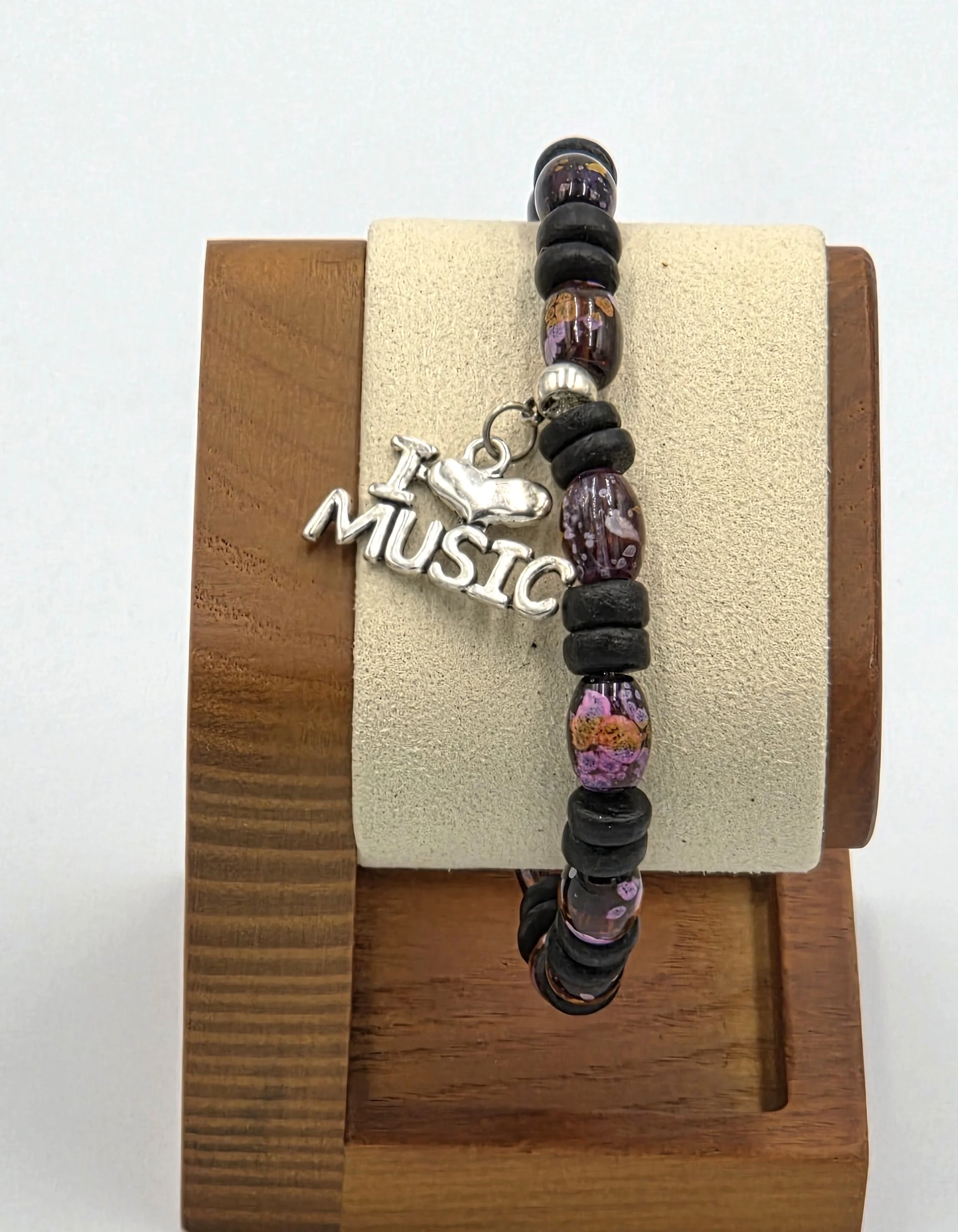 OOAK black wood disc and floral lampwork glass "I ♥ Music" bracelet or anklet.