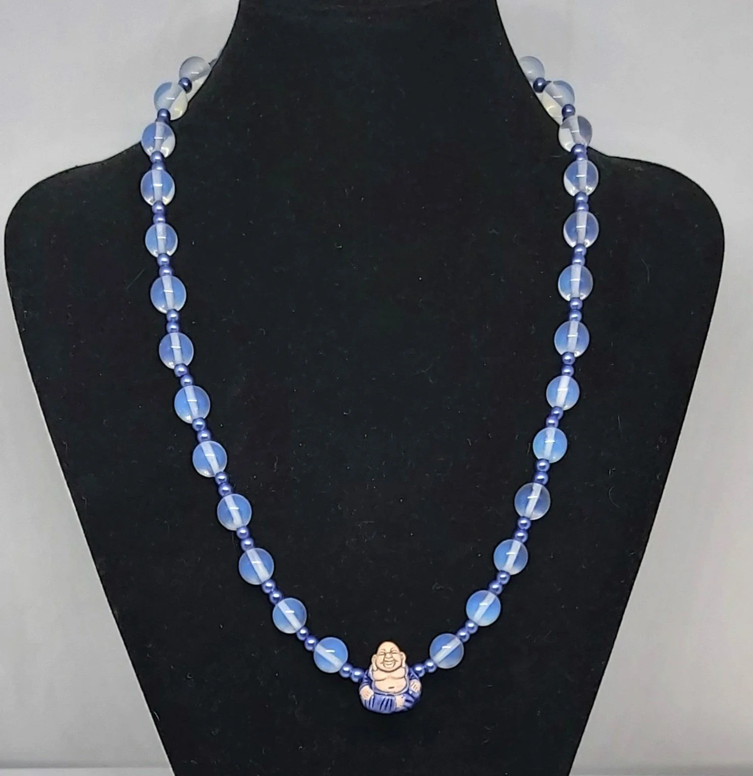 Moonstone and glass necklace with ceramic blue buddah