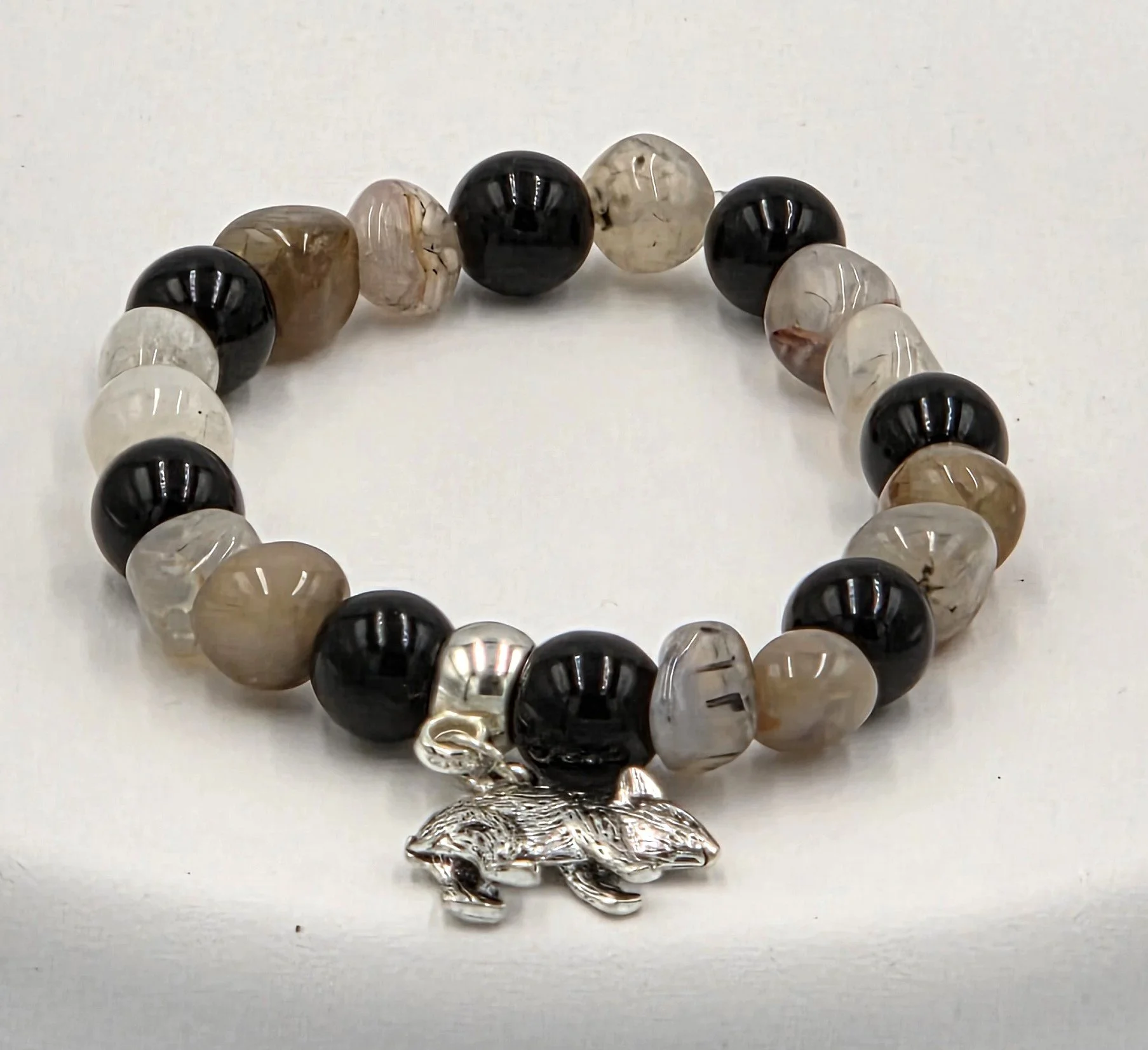 OOAK light brown agate and black glass bracelet with silver wombat charm.