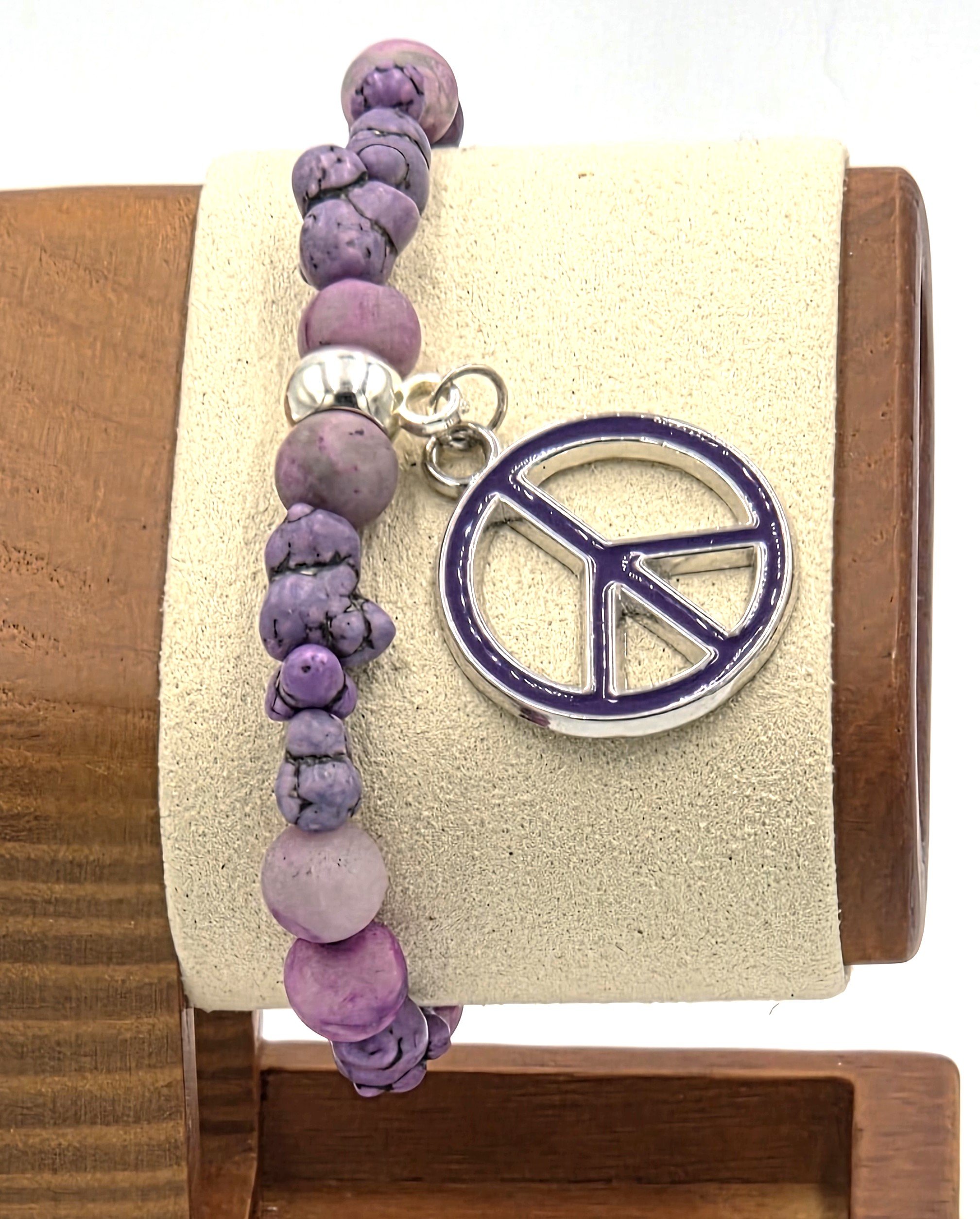 OOAK variegated purple agate bracelet with howlite nuggets and large peace charm.