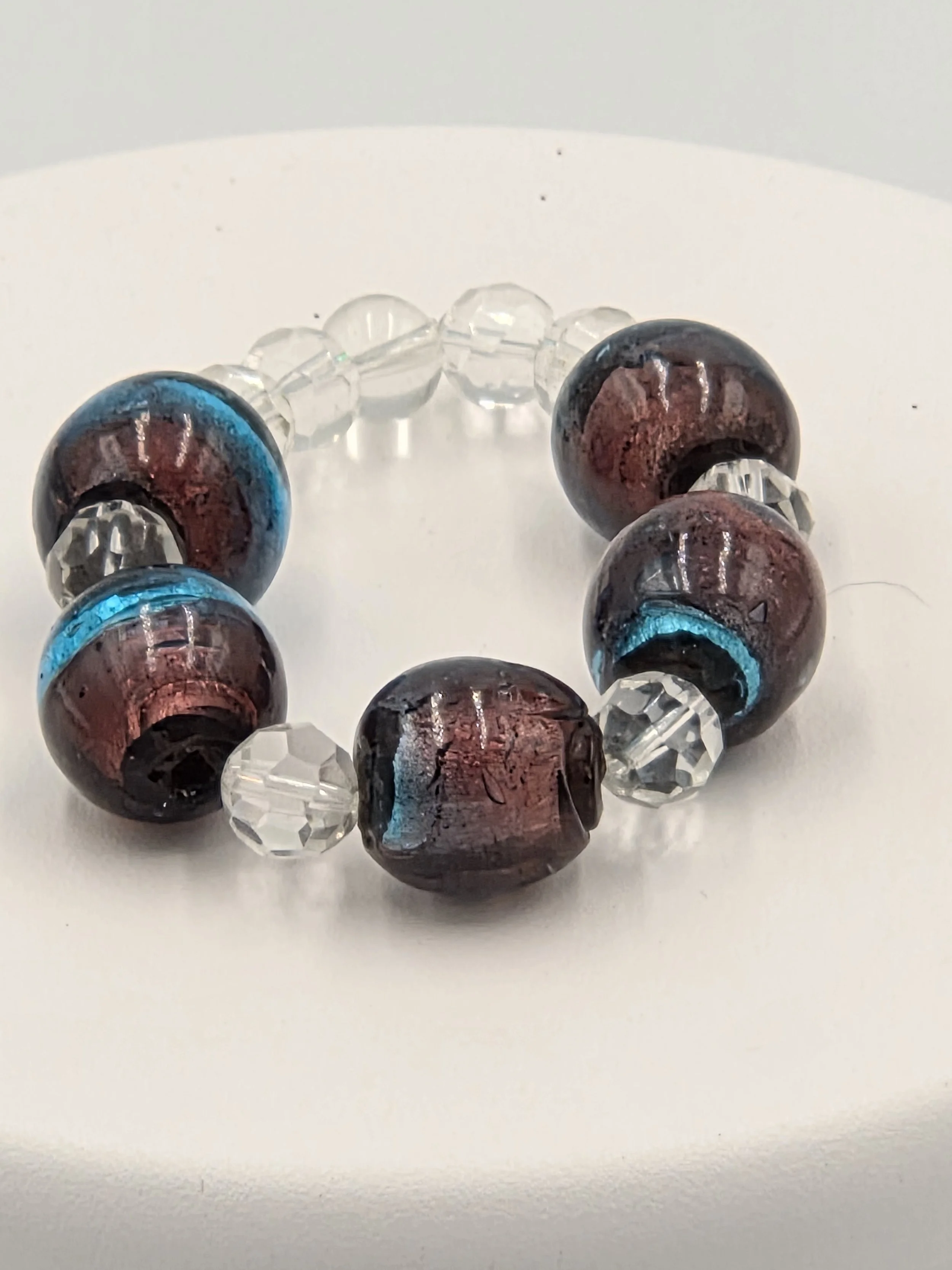 OOAK big bead bracelet with purple and blue lampwork glass and clear crystals.