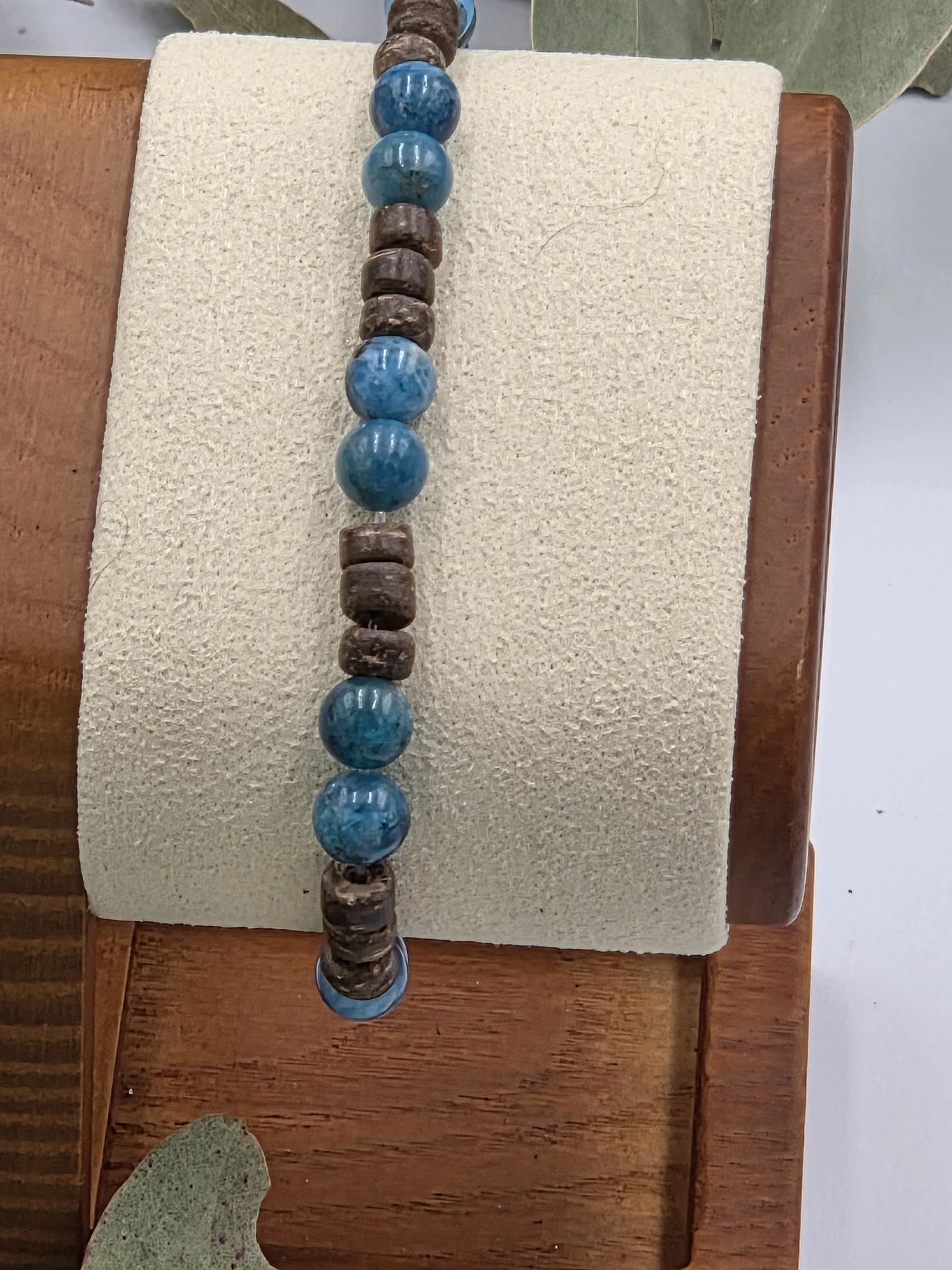 OOAK blue apatite and small brown coconut disc elastic bracelet.