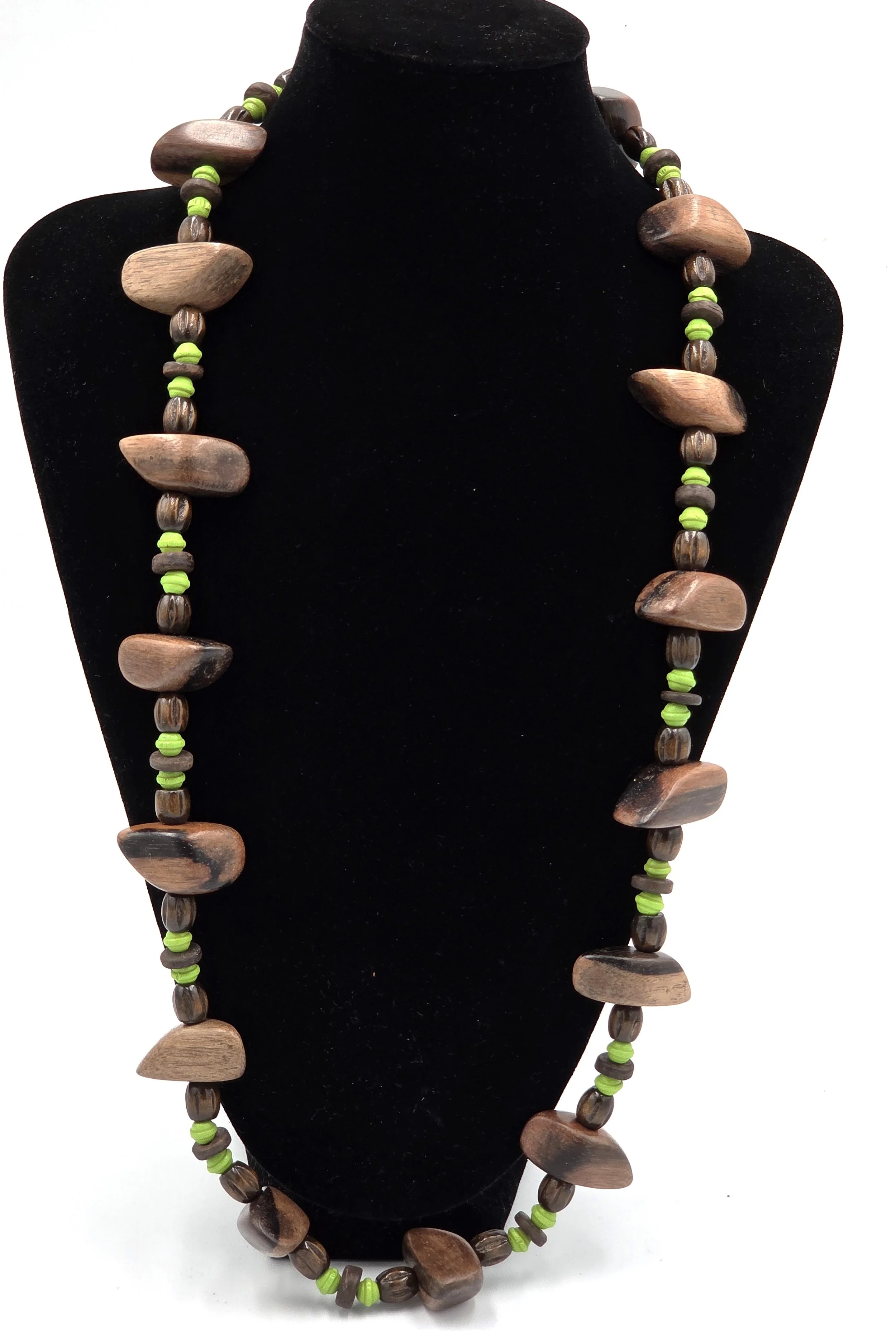 Long brown and lime green OOAK wooden bead necklace with matching nugget earrings.