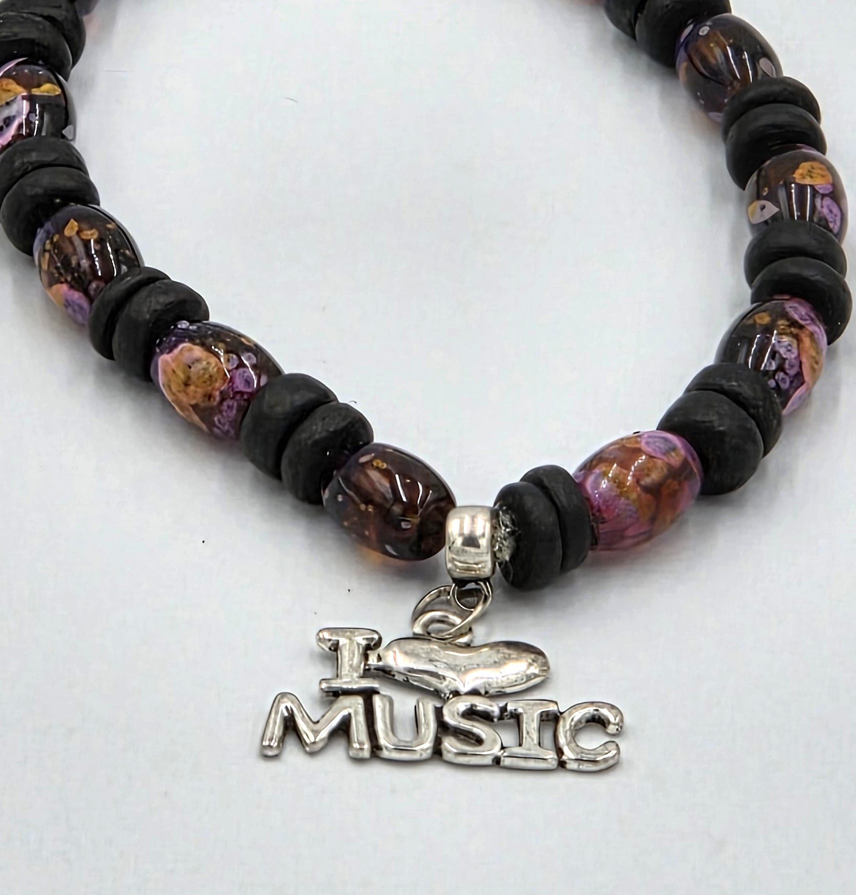 OOAK black wood disc and floral lampwork glass "I ♥ Music" bracelet or anklet.