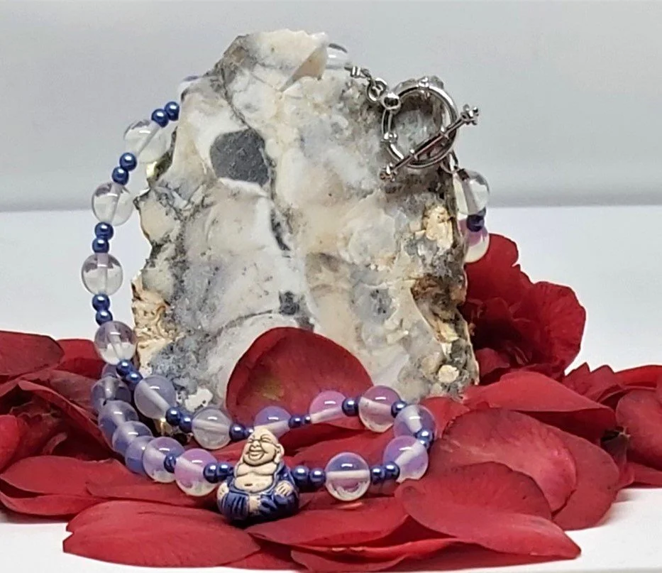 Moonstone and glass necklace with ceramic blue buddah