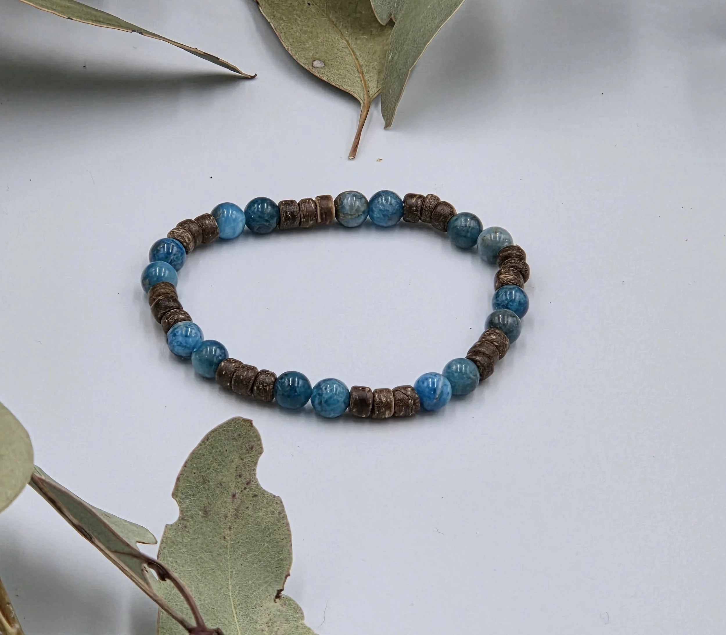 OOAK blue apatite and small brown coconut disc elastic bracelet.