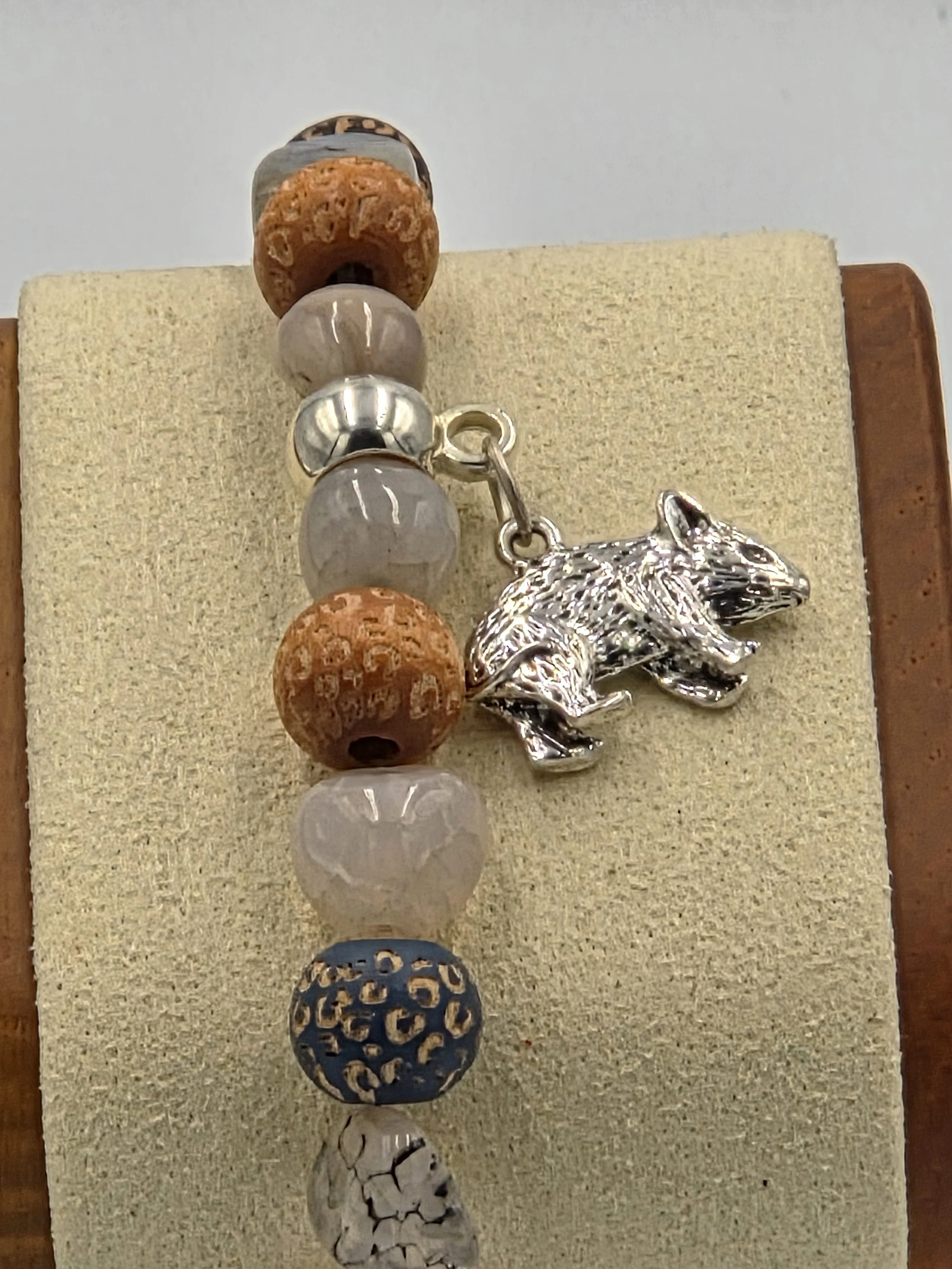 OOAK agate and leopard print wood bracelet with silver wombat charm.