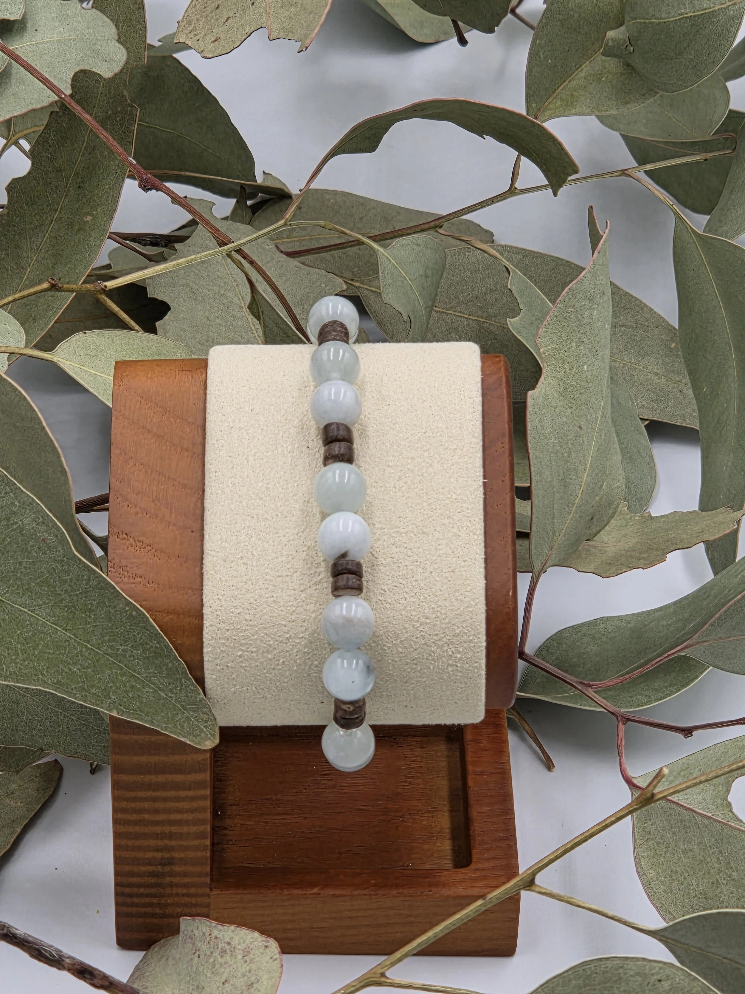 OOAK premium aquamarine and fine coconut disc alternating elastic bracelet.