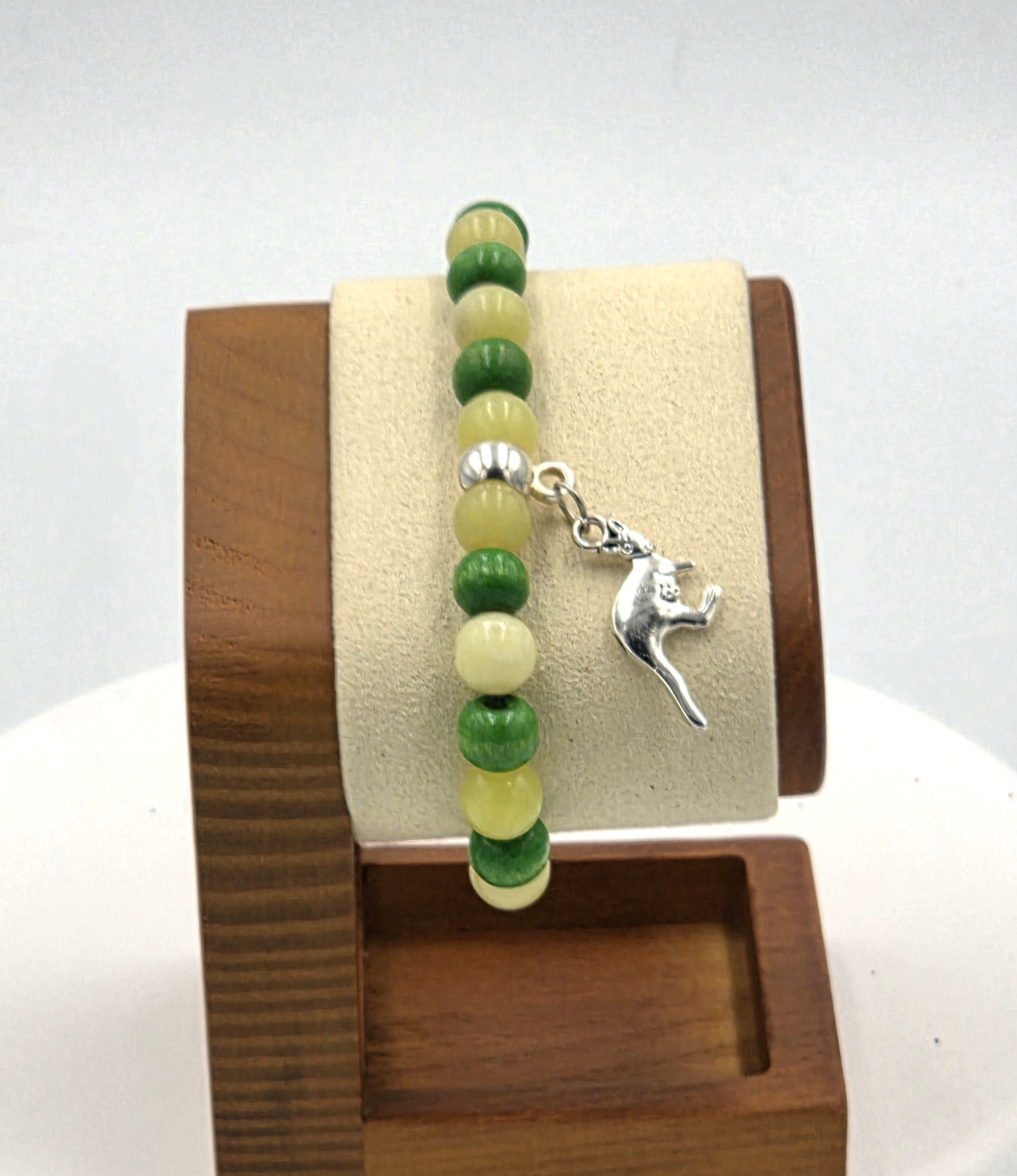 OOAK lemon agate and green wood bracelet with silver kangaroo charm.