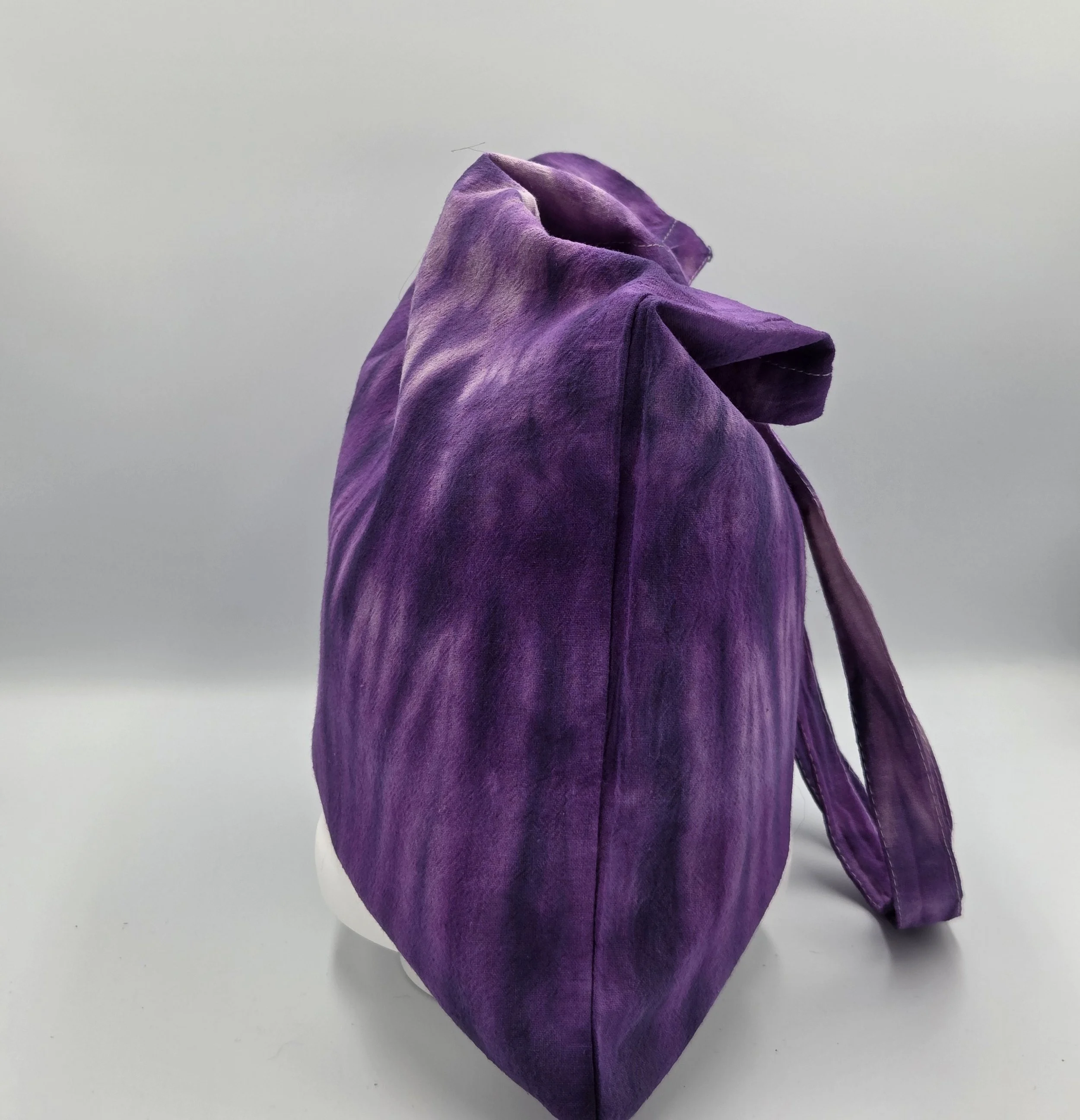 Livity Original hand-dyed calico cotton tote bag featuring a deep purple 'Tiger Skin' vertical resist pattern. One-of-a-kind textile art handmade in Canberra.