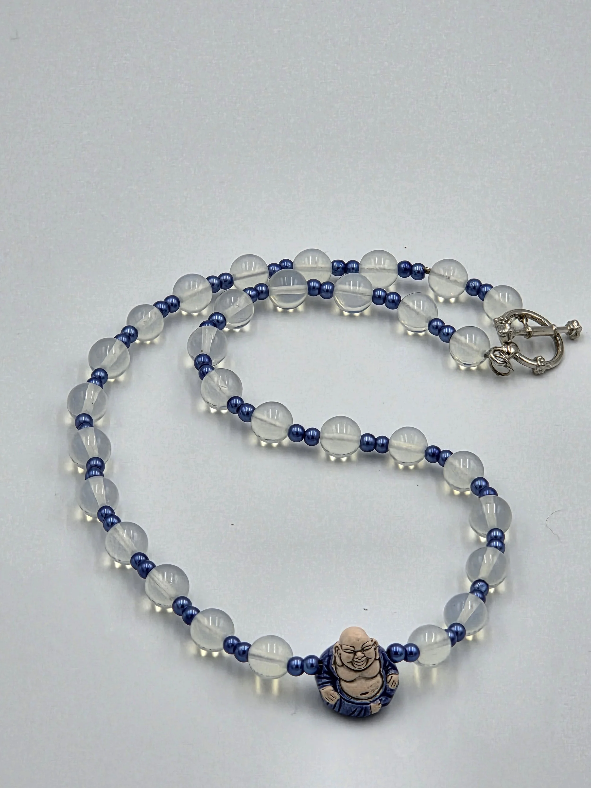Moonstone and glass necklace with ceramic blue buddah