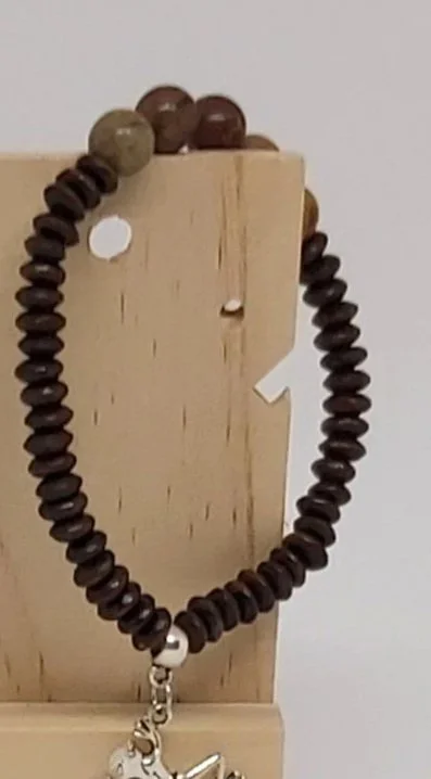 Picture Jasper & Wood & silver frog charm on elastic