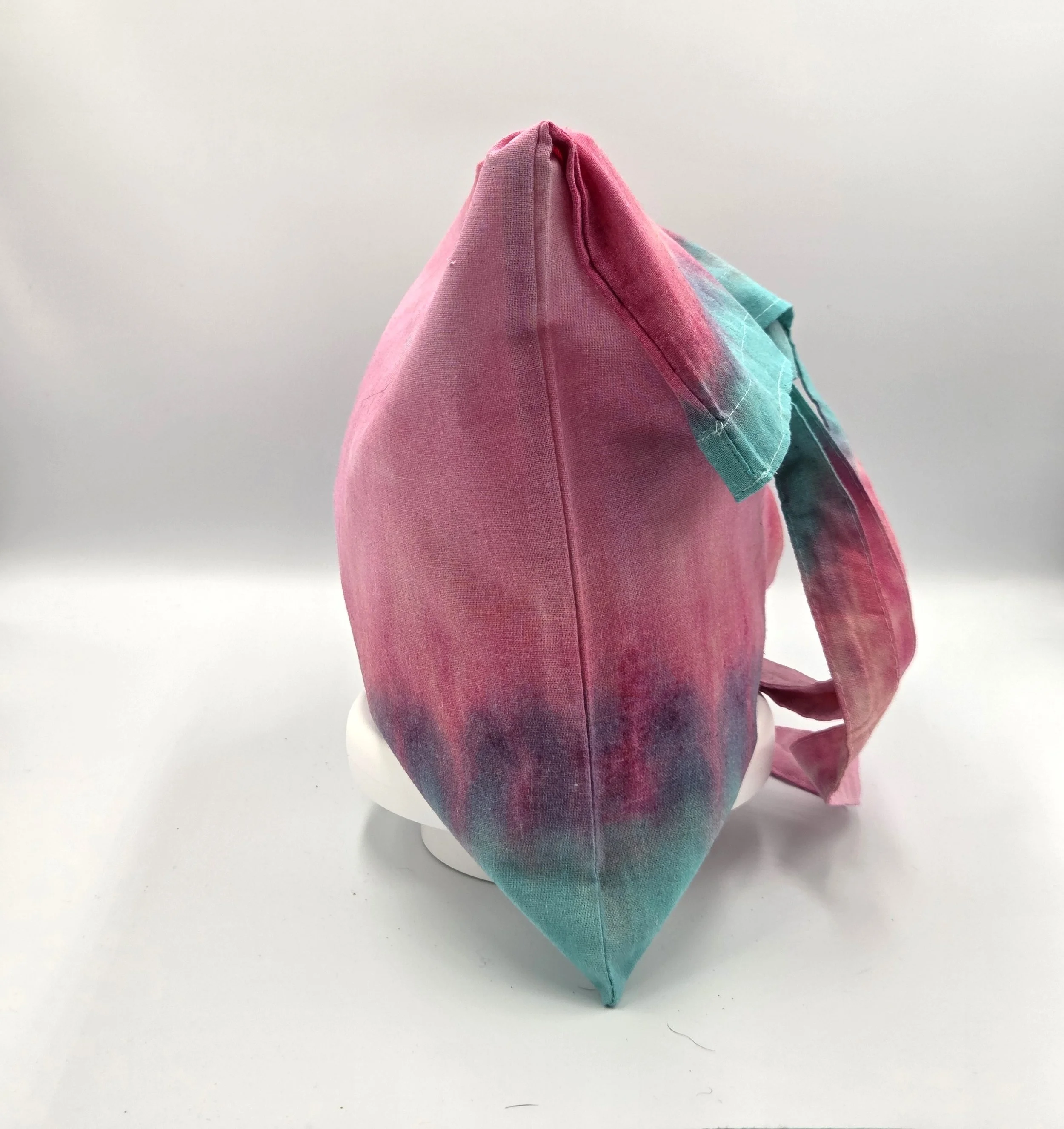 OOAK textile art tote bag with horizontal layers of soft green, dusky pink, and light pink. Hand-dyed natural cotton bag by Livity Studio.