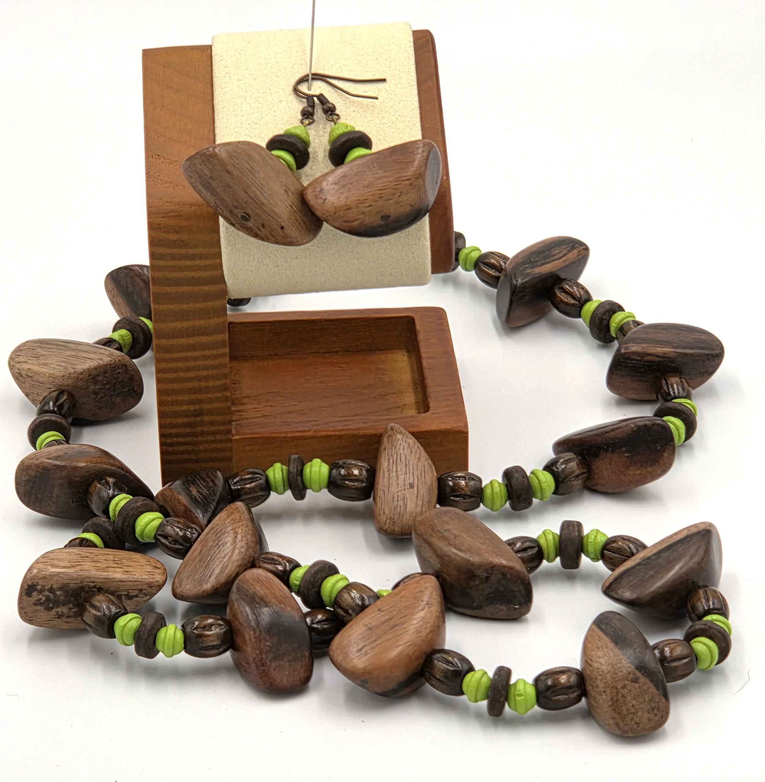 Long brown and lime green OOAK wooden bead necklace with matching nugget earrings.