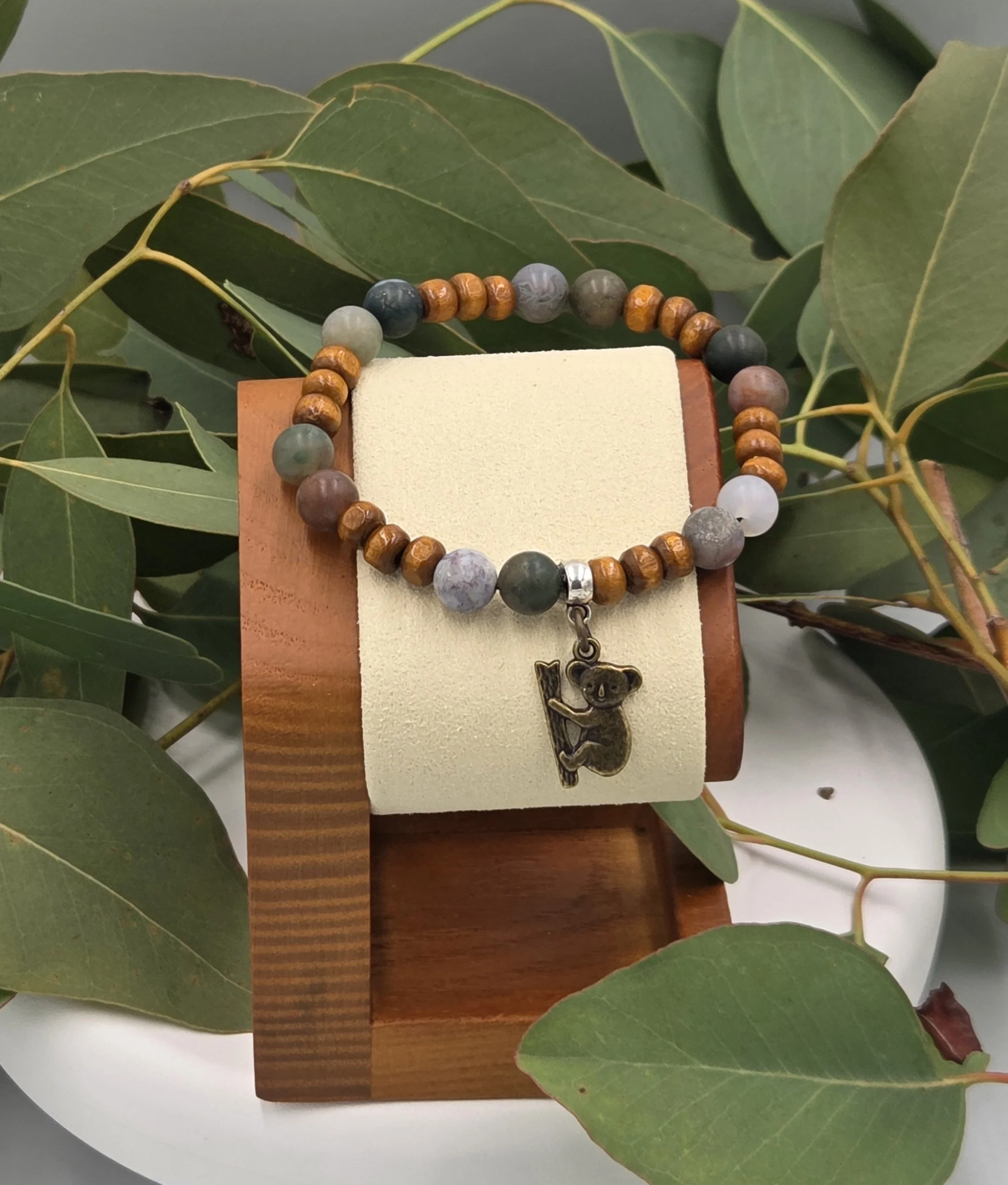 OOAK Indian Agate and wood disc bracelet with bronze koala charm on gum leaves.