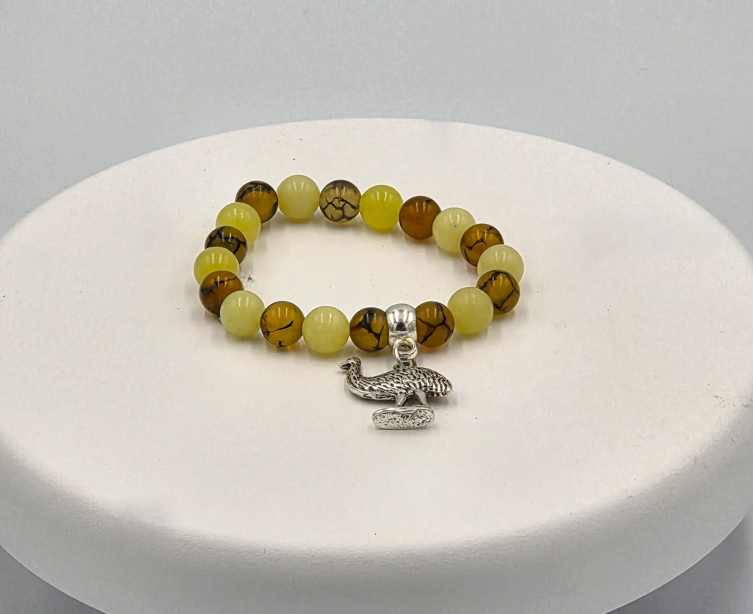 OOAK emu charm bracelet with golden dragon vein and lemon agate