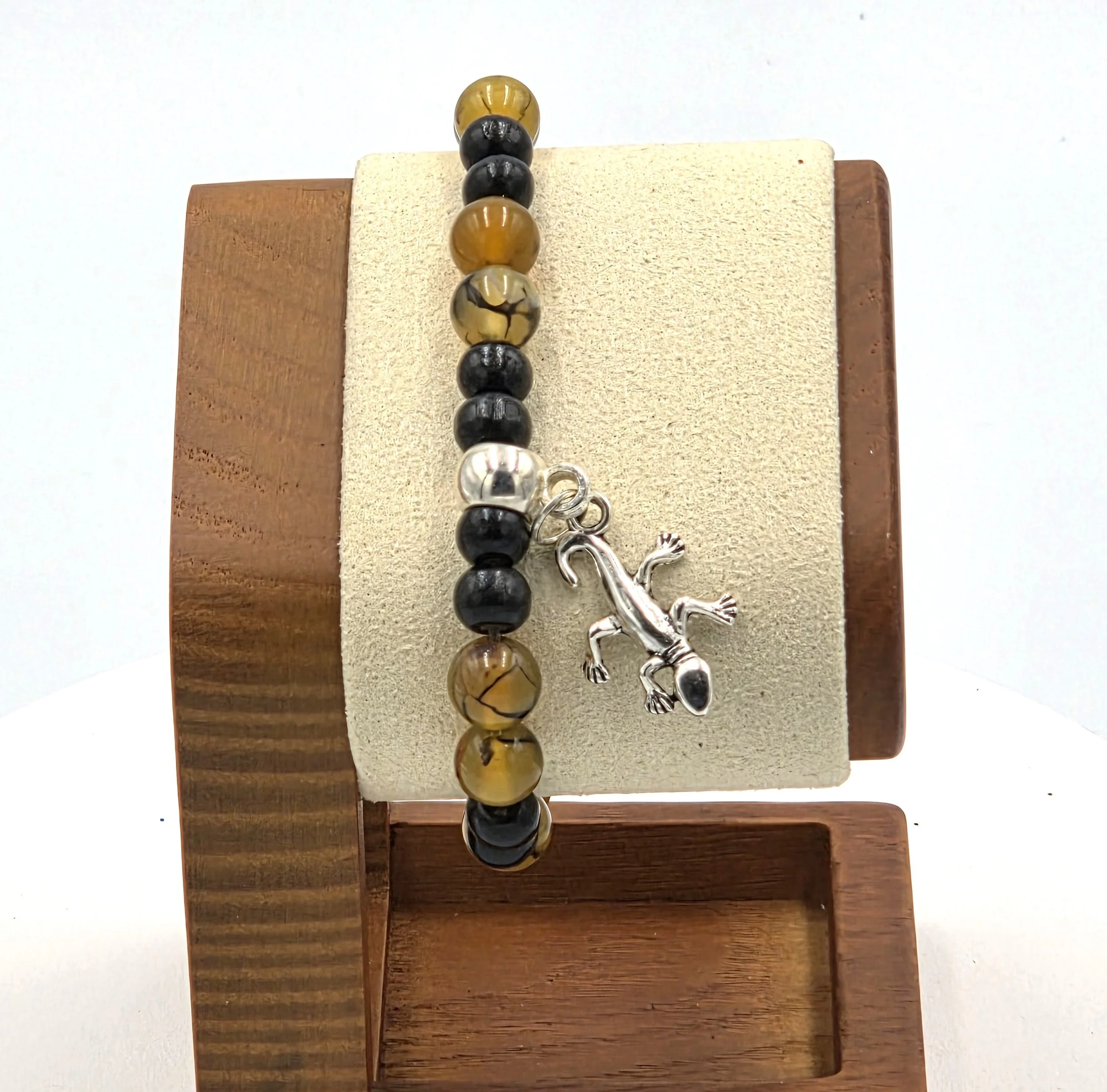 OOAK golden dragon vein agate and black wood bracelet with silver gecko charm.