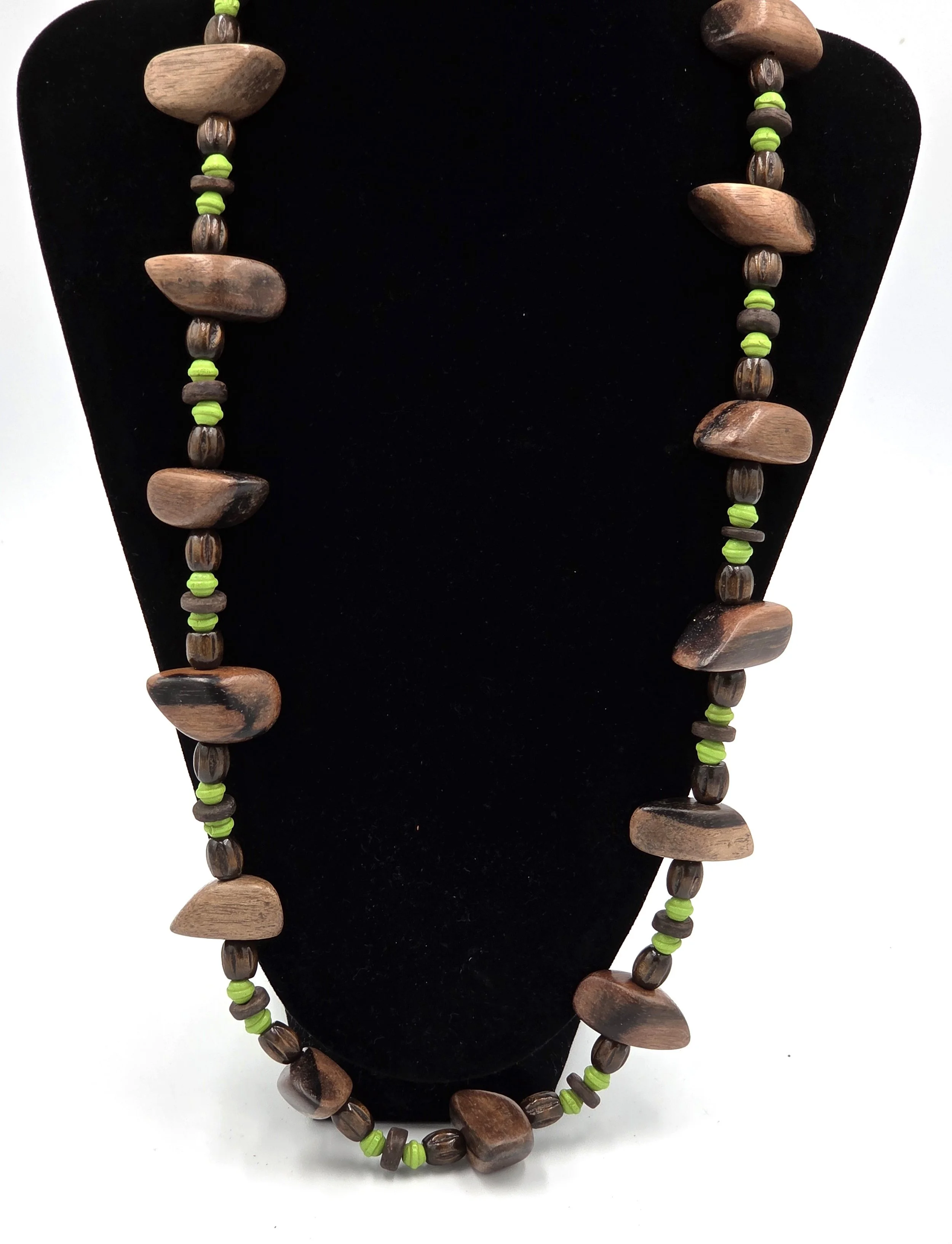 Long brown and lime green OOAK wooden bead necklace with matching nugget earrings.