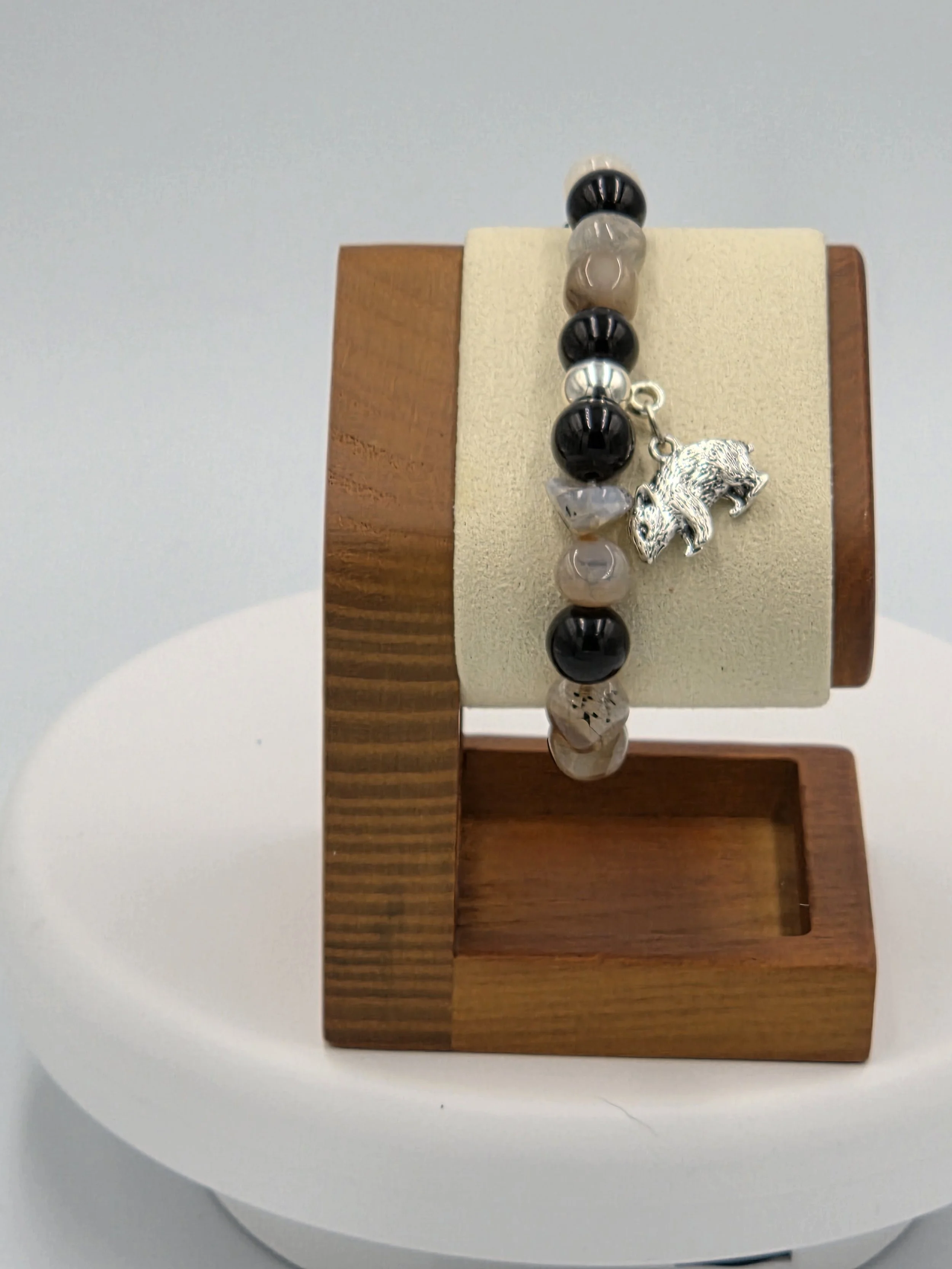 OOAK light brown agate and black glass bracelet with silver wombat charm.