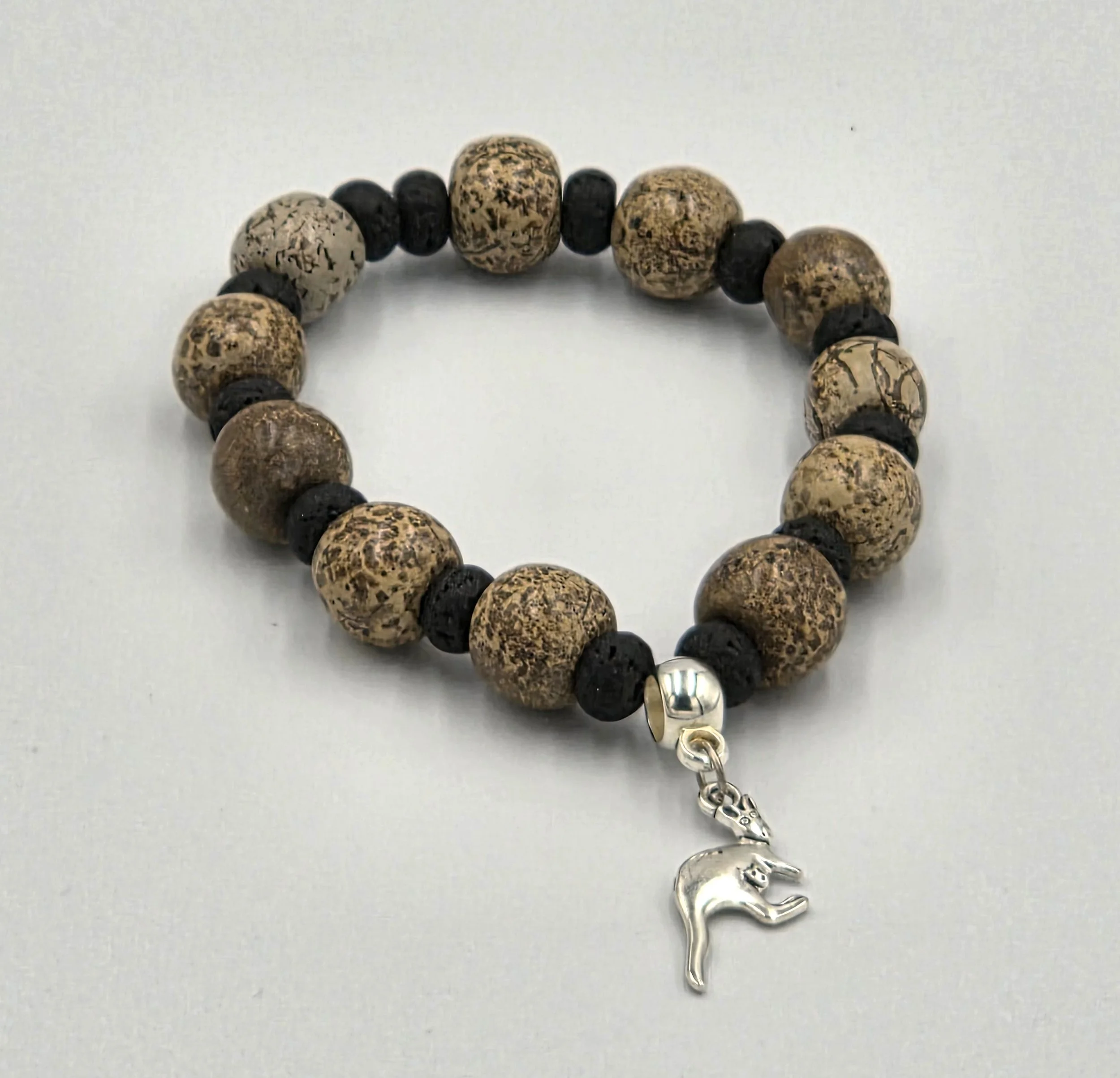 OOAK Australian Heritage brown jasper and black lava bead bracelet with silver kangaroo charm.