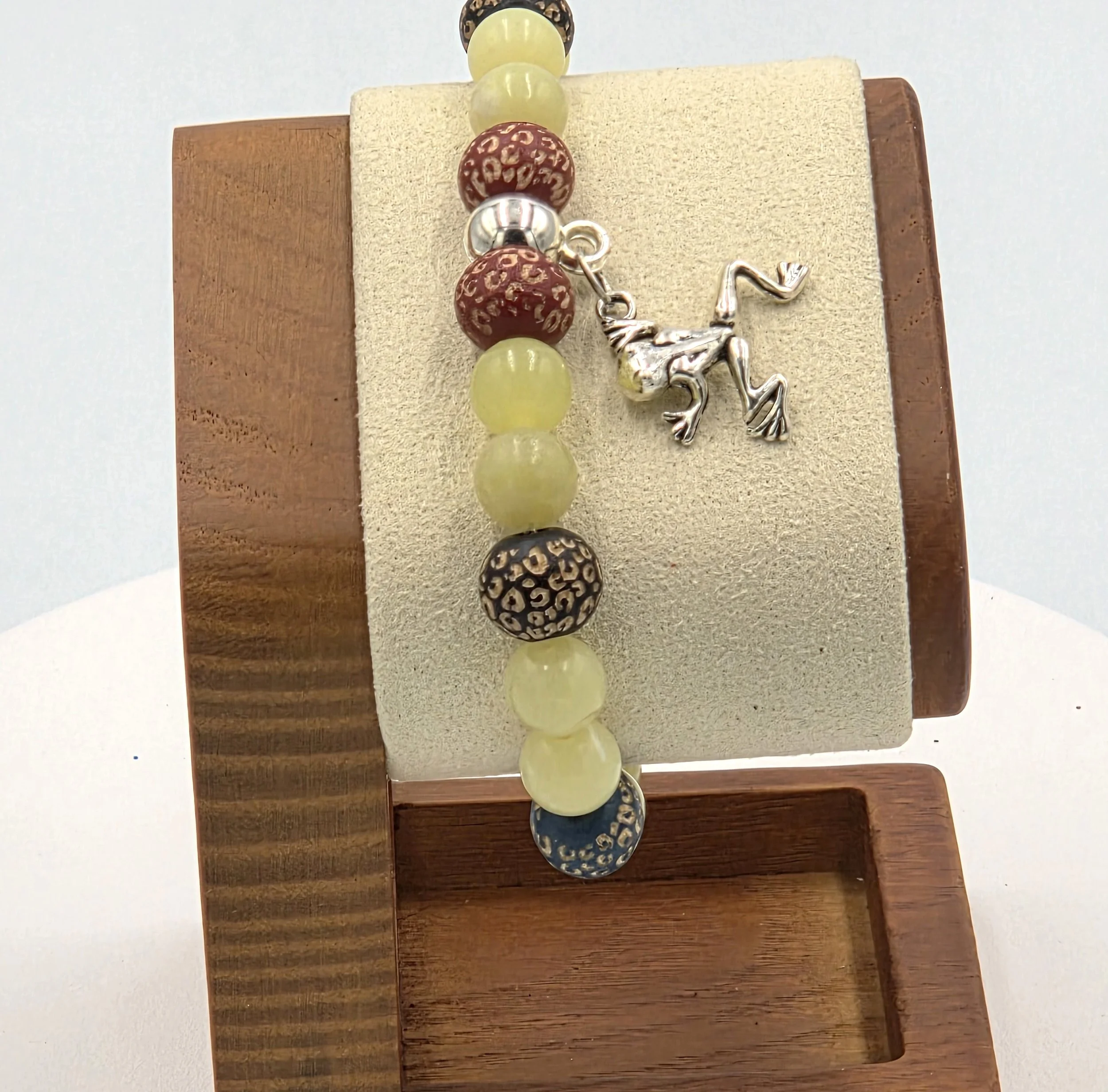OOAK lemon agate and muted leopard print wood bracelet with silver frog charm.