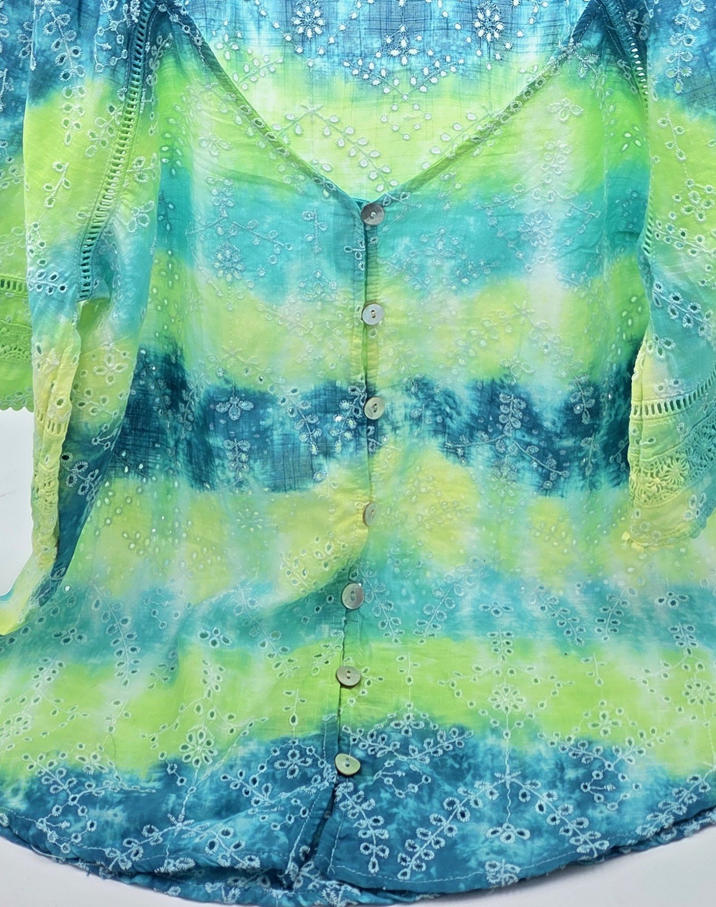 women's size 10 V-neck top with overlocked fern eyelets and horizontal tie-dye bands in green, lime, teal, and yellow.