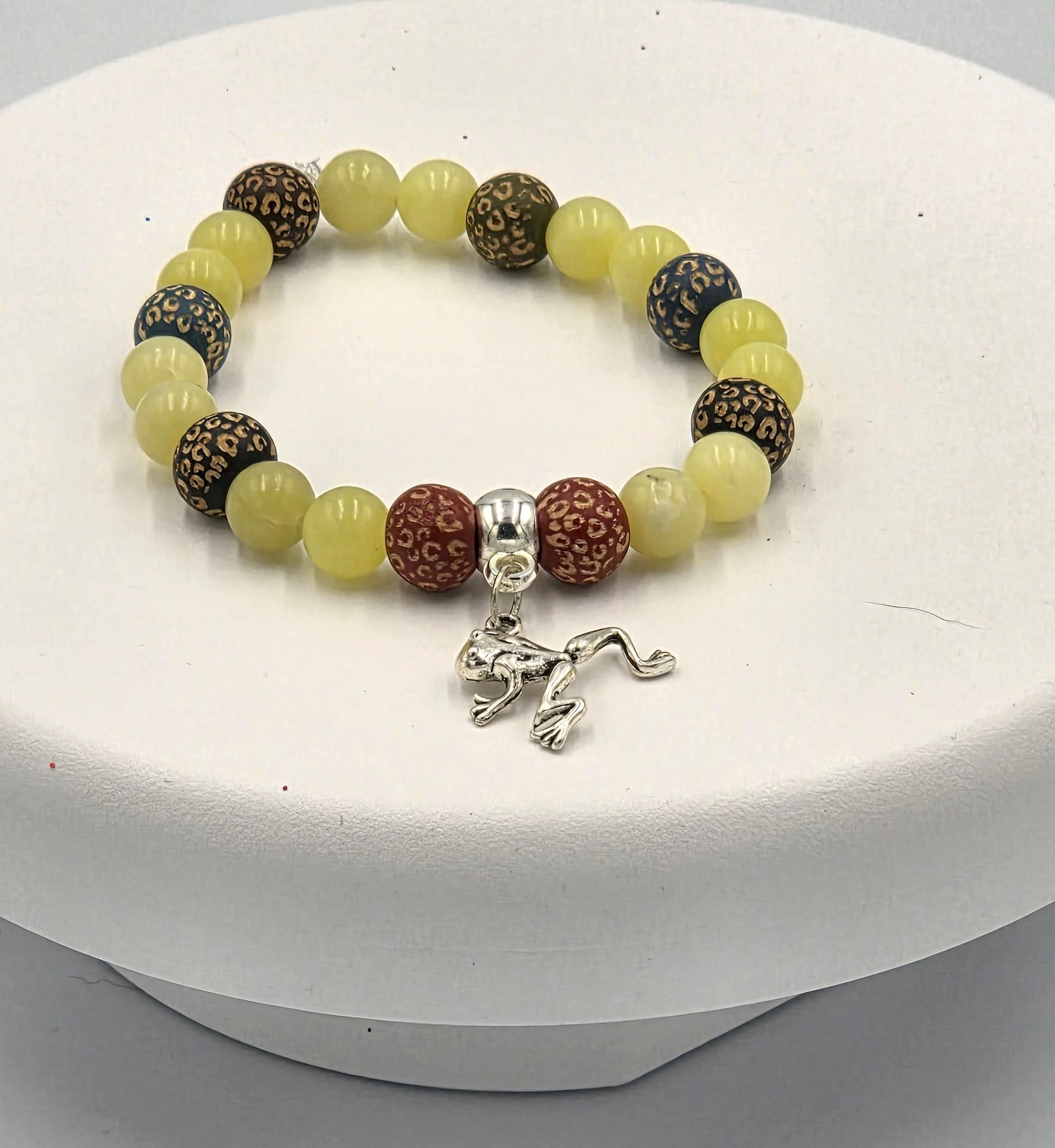 OOAK lemon agate and muted leopard print wood bracelet with silver frog charm.
