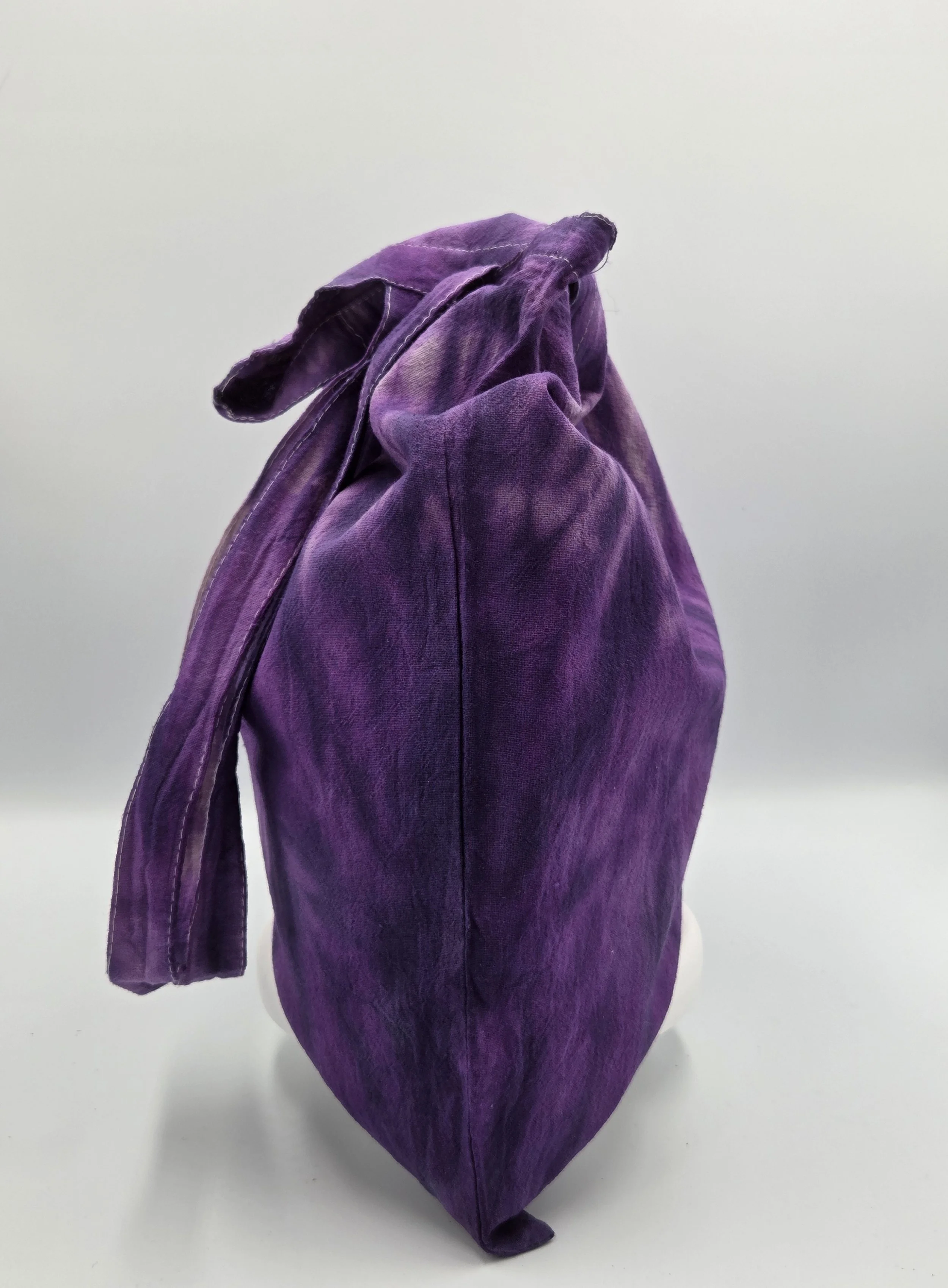 Livity Original hand-dyed calico cotton tote bag featuring a deep purple 'Tiger Skin' vertical resist pattern. One-of-a-kind textile art handmade in Canberra.