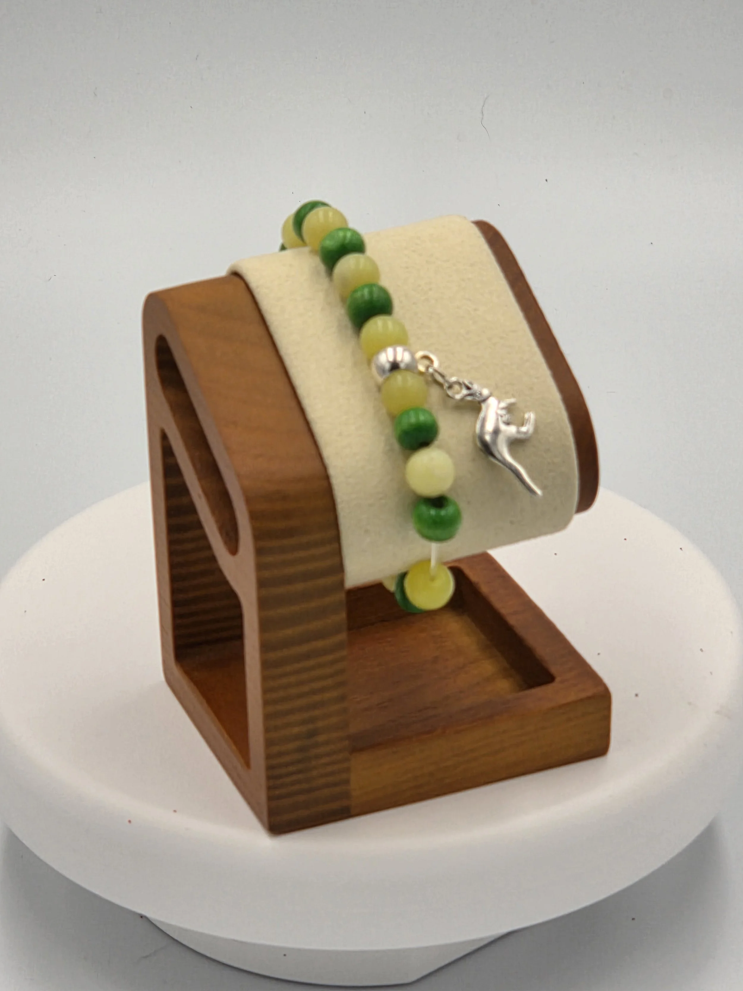 OOAK lemon agate and green wood bracelet with silver kangaroo charm.