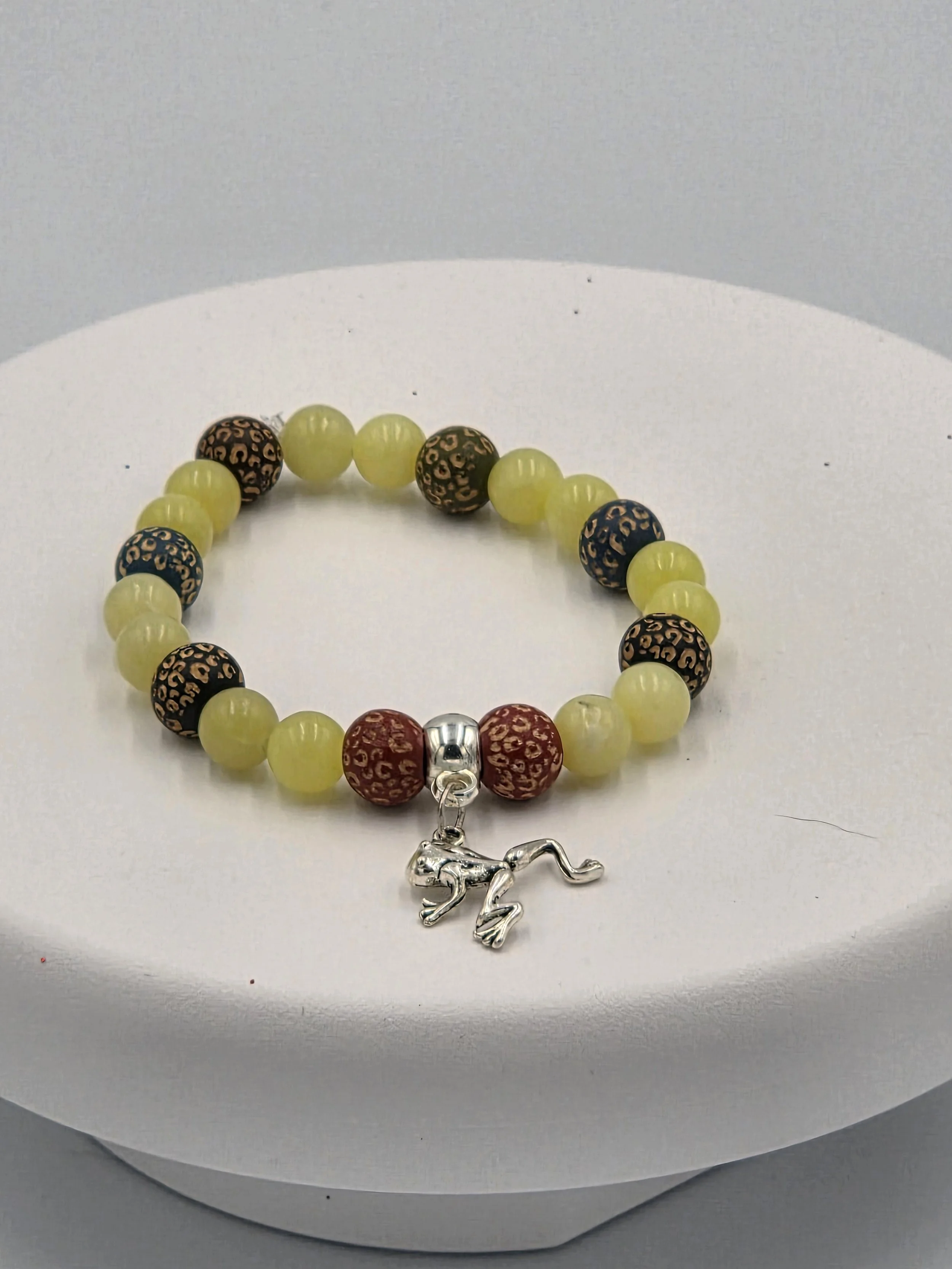 OOAK lemon agate and muted leopard print wood bracelet with silver frog charm.