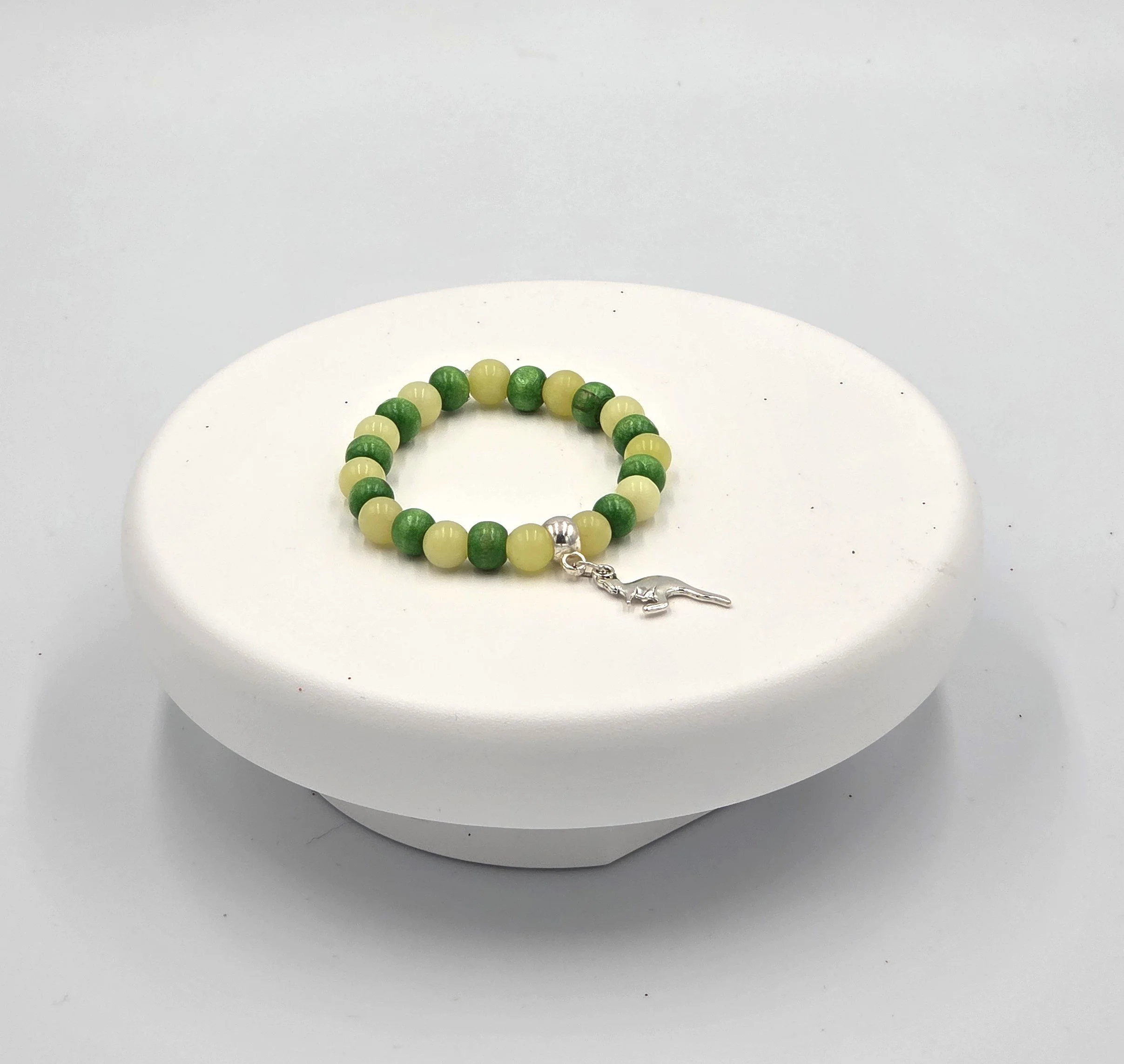 OOAK lemon agate and green wood bracelet with silver kangaroo charm.