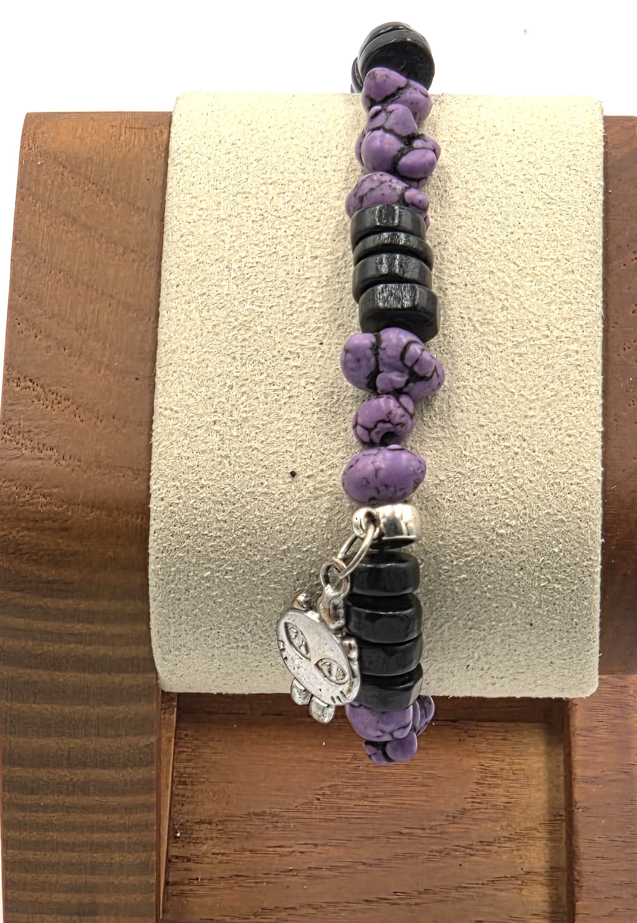 OOAK child size purple howlite and black wood disc bracelet with silver cat charm.