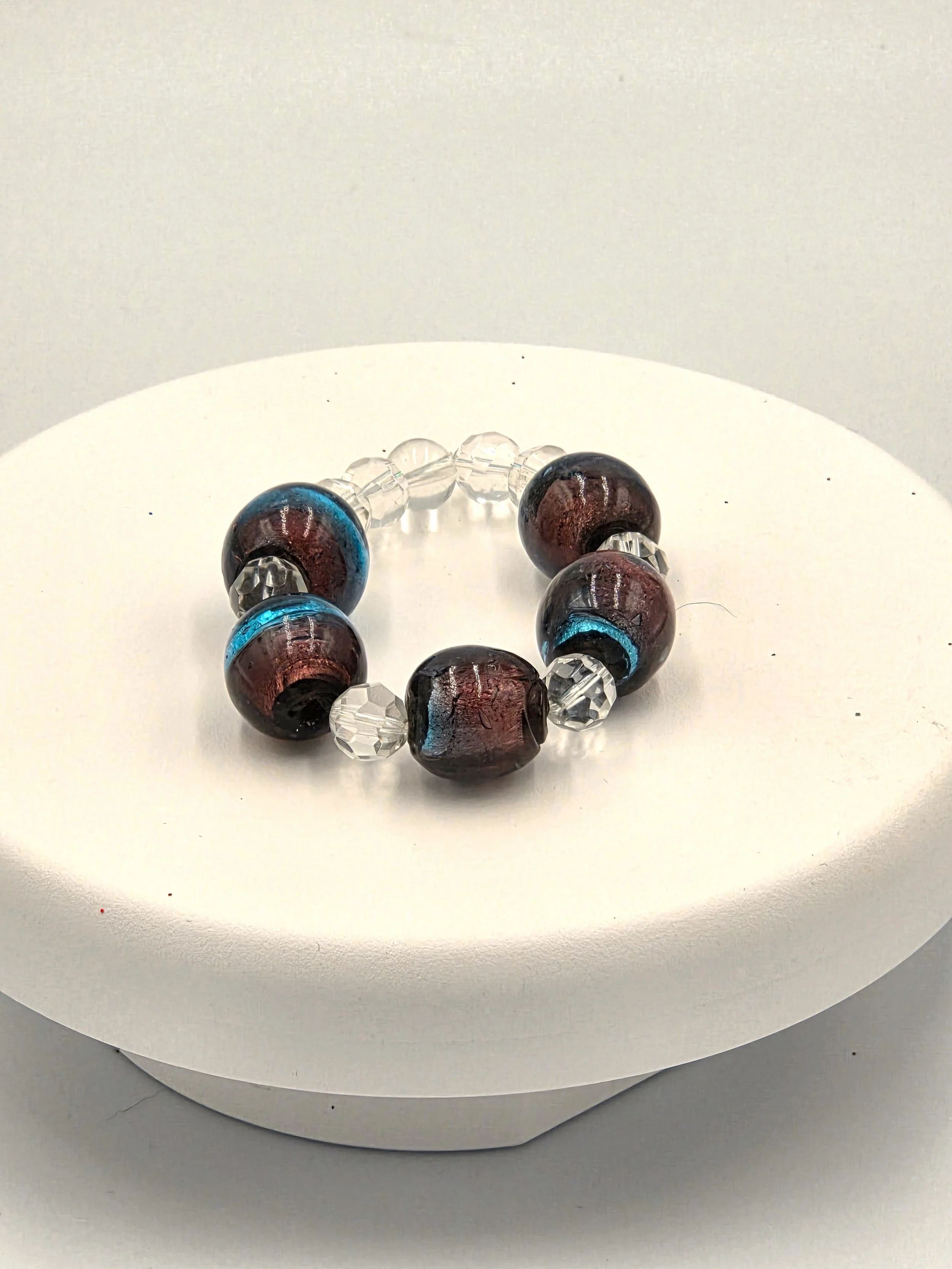 OOAK big bead bracelet with purple and blue lampwork glass and clear crystals.