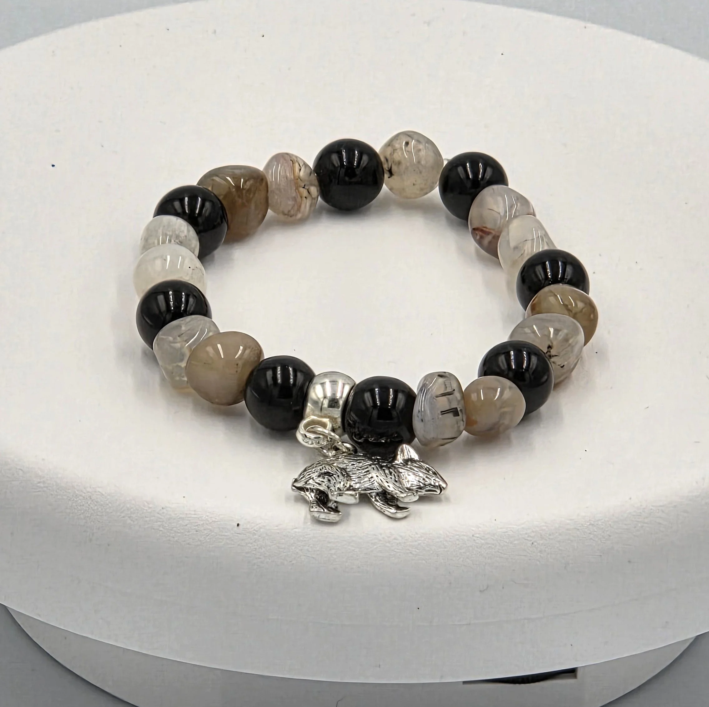 OOAK light brown agate and black glass bracelet with silver wombat charm.